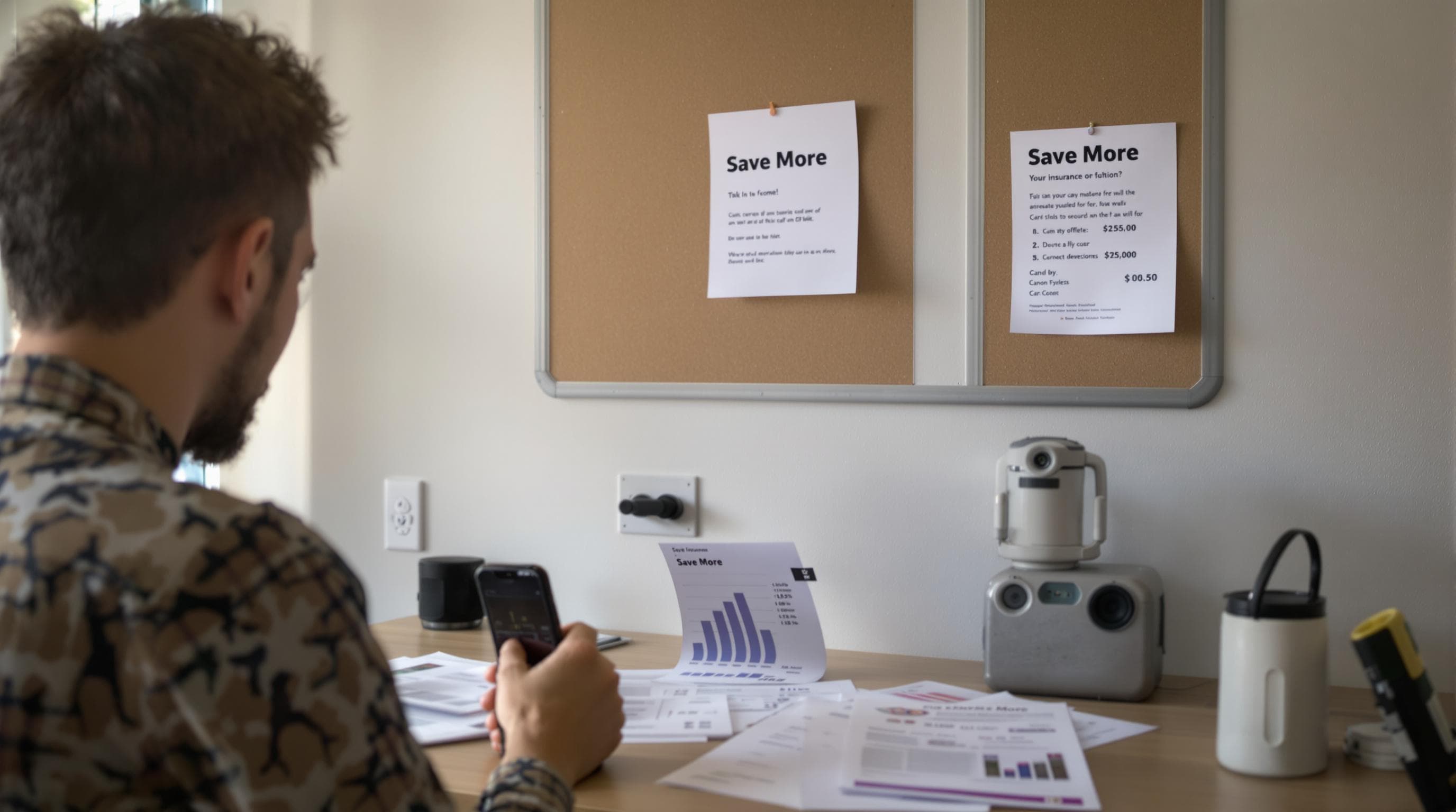 Student analyzing car insurance quotes with discount flyer on wall
