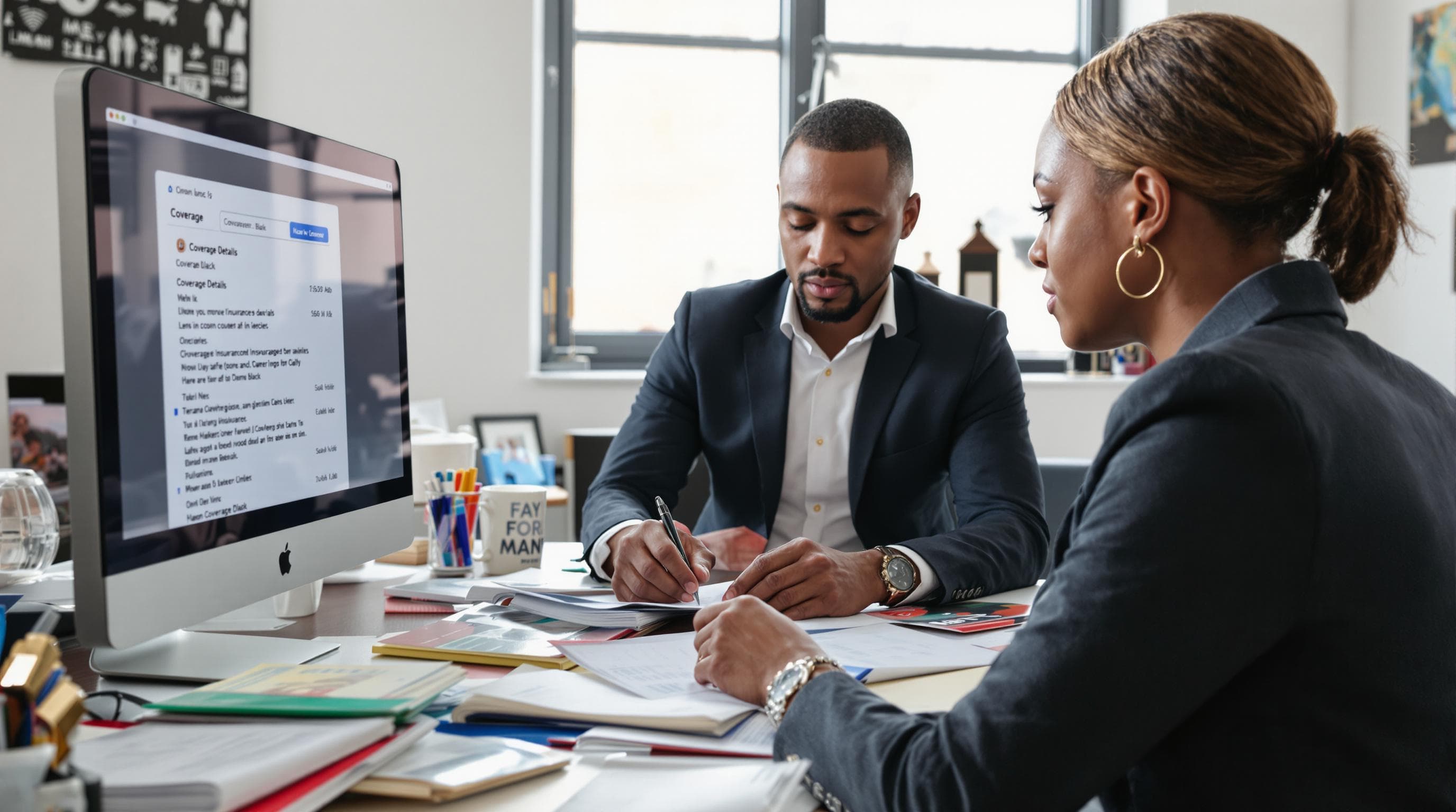 Two people comparing insurance coverage documents at office desk