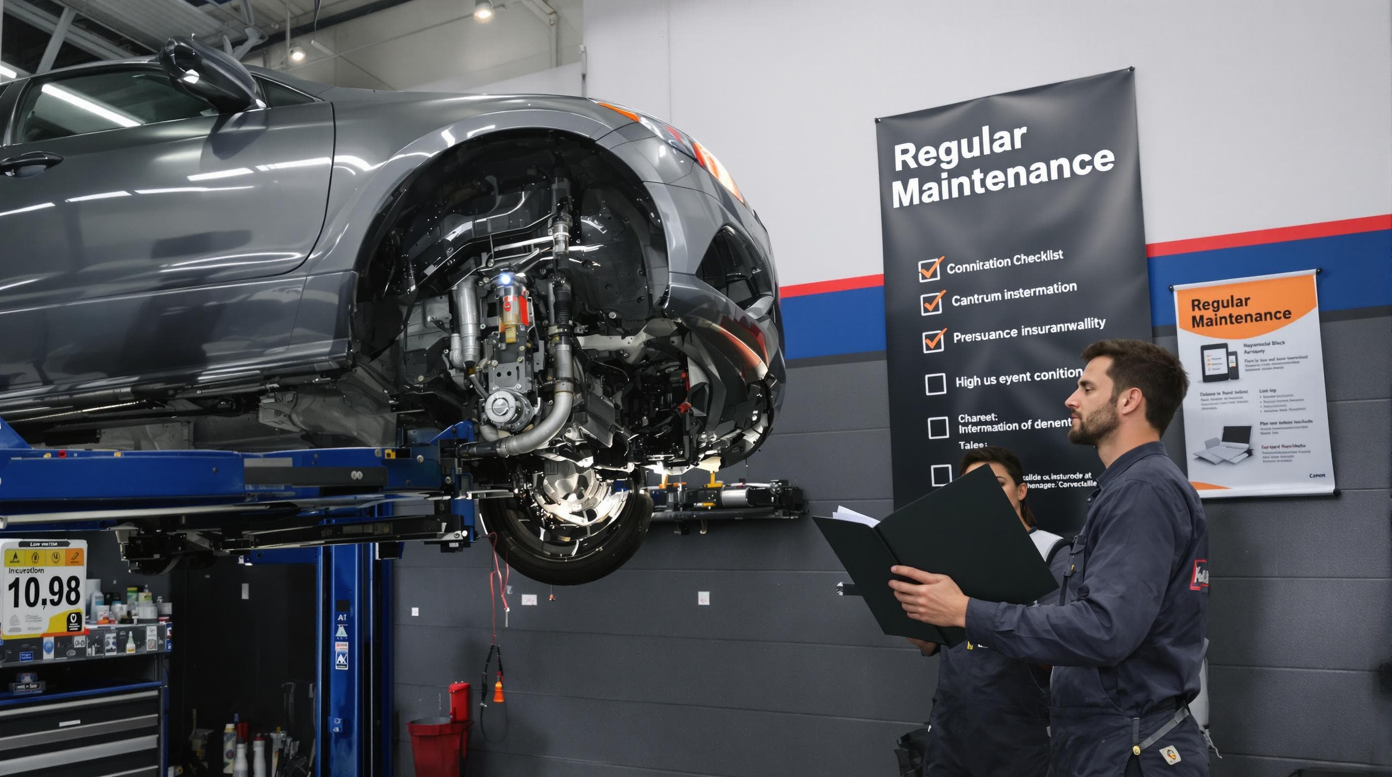 Mechanic and car owner watch inspection in service garage, maintenance poster visible
