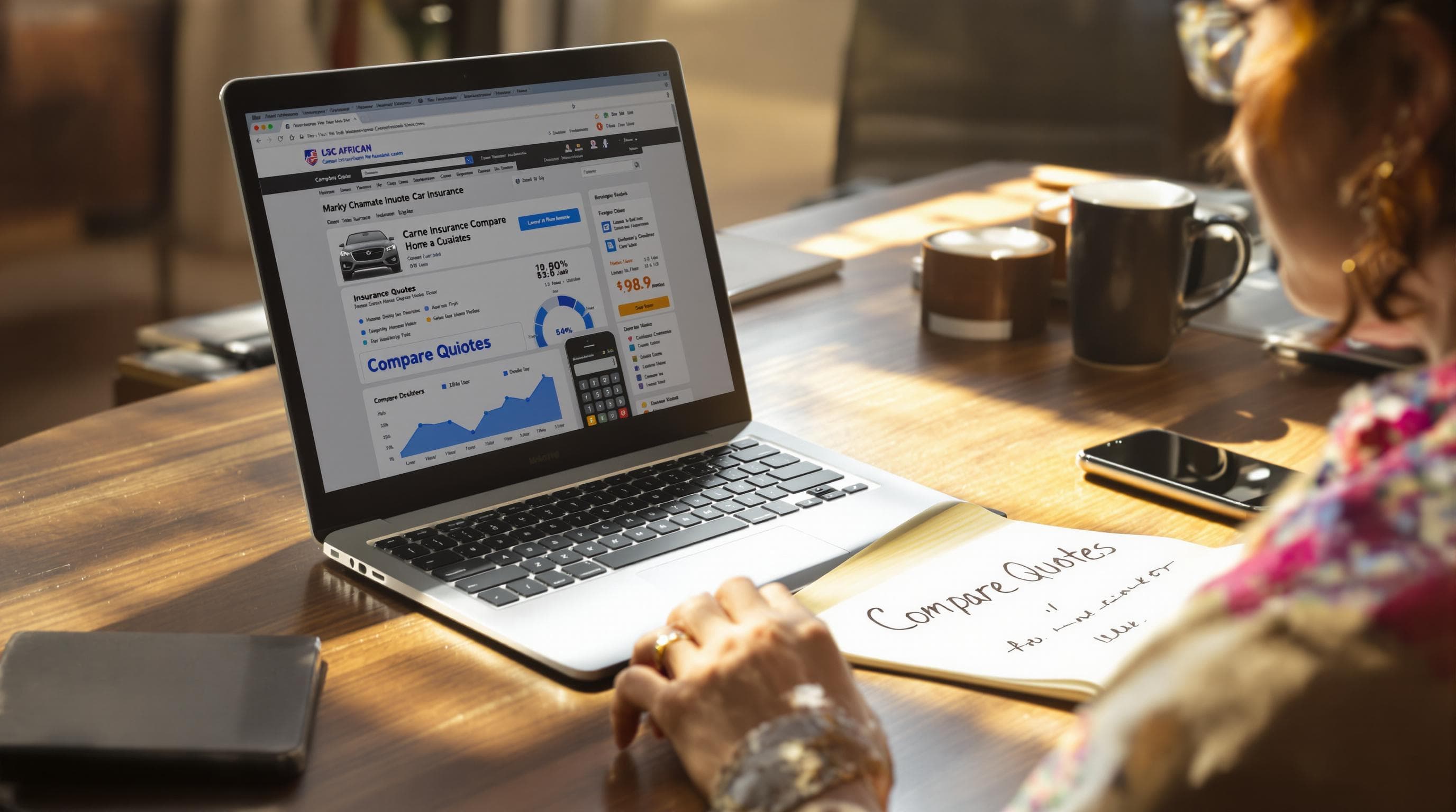 Woman comparing car insurance quotes online, 'Compare Quotes' note on desk