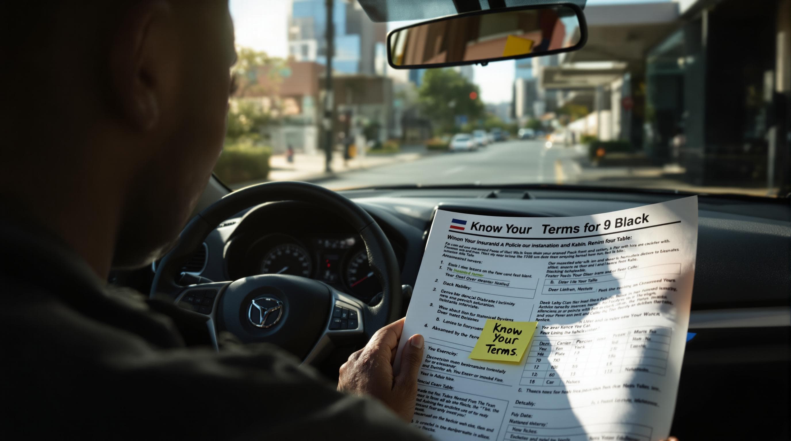 Driver in car reading insurance policy, 'Know Your Terms' note visible