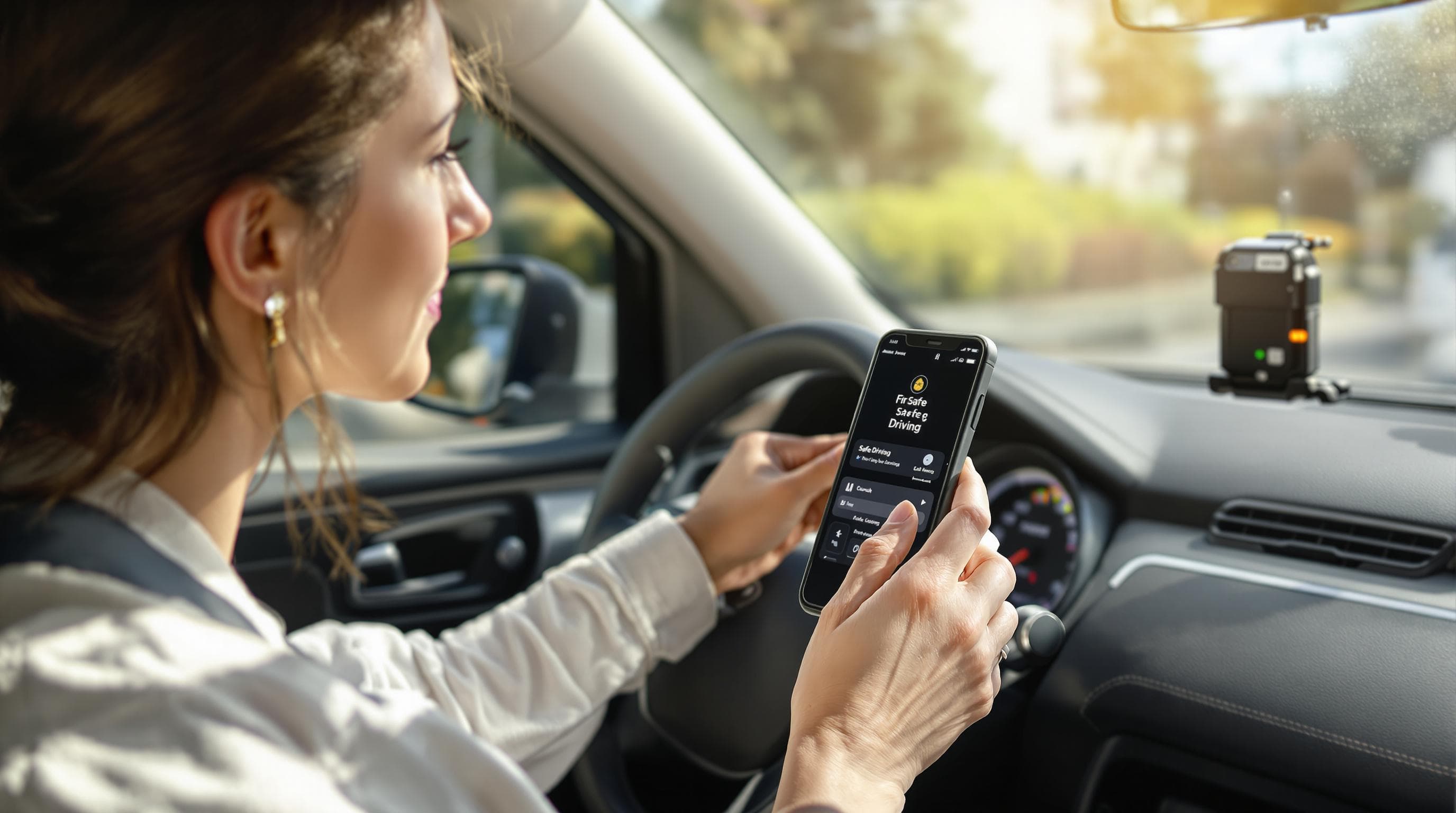 Woman using smartphone telematics app while driving, emphasizing safe driving