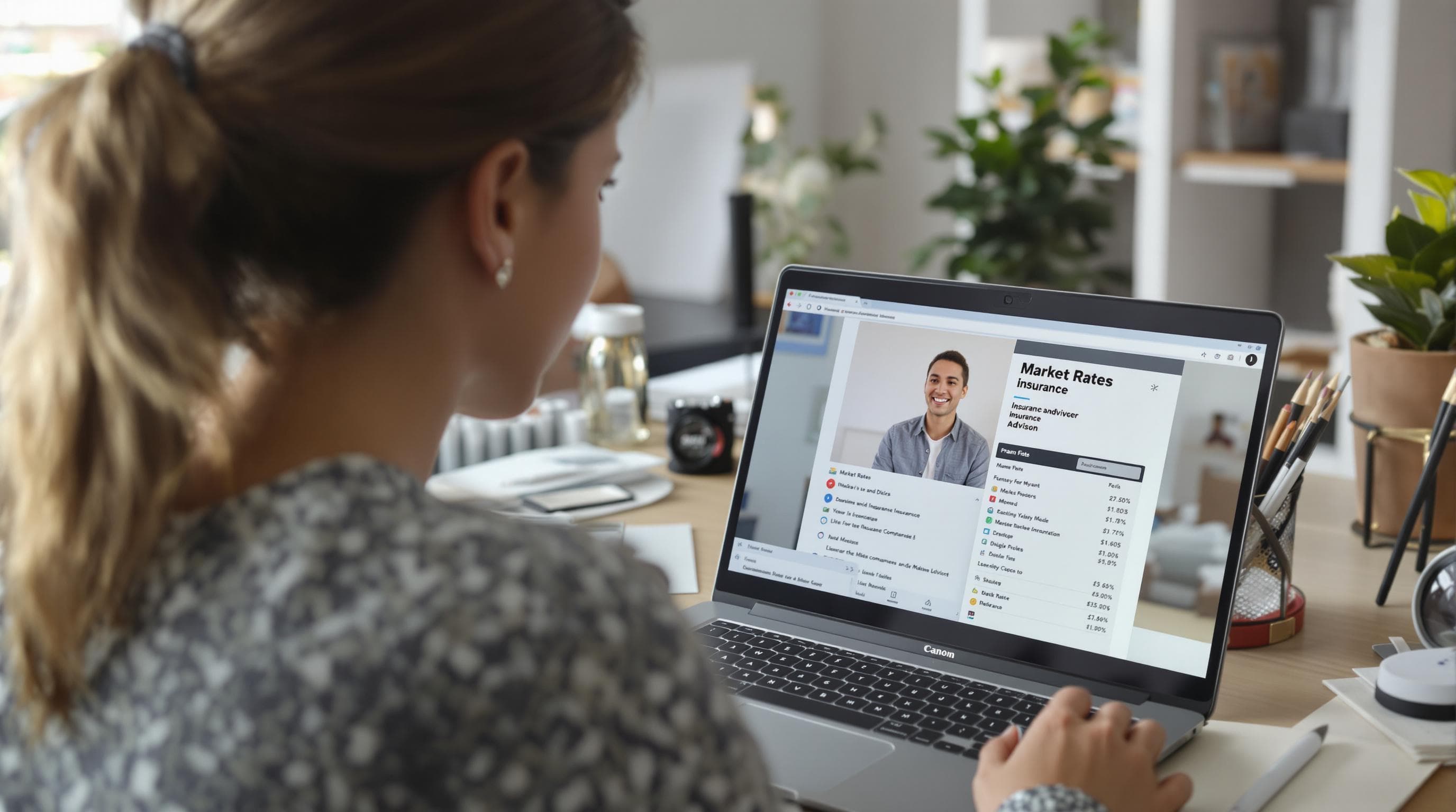 Professional woman comparing market rates with advisor on laptop screen reading 'Market Rates'