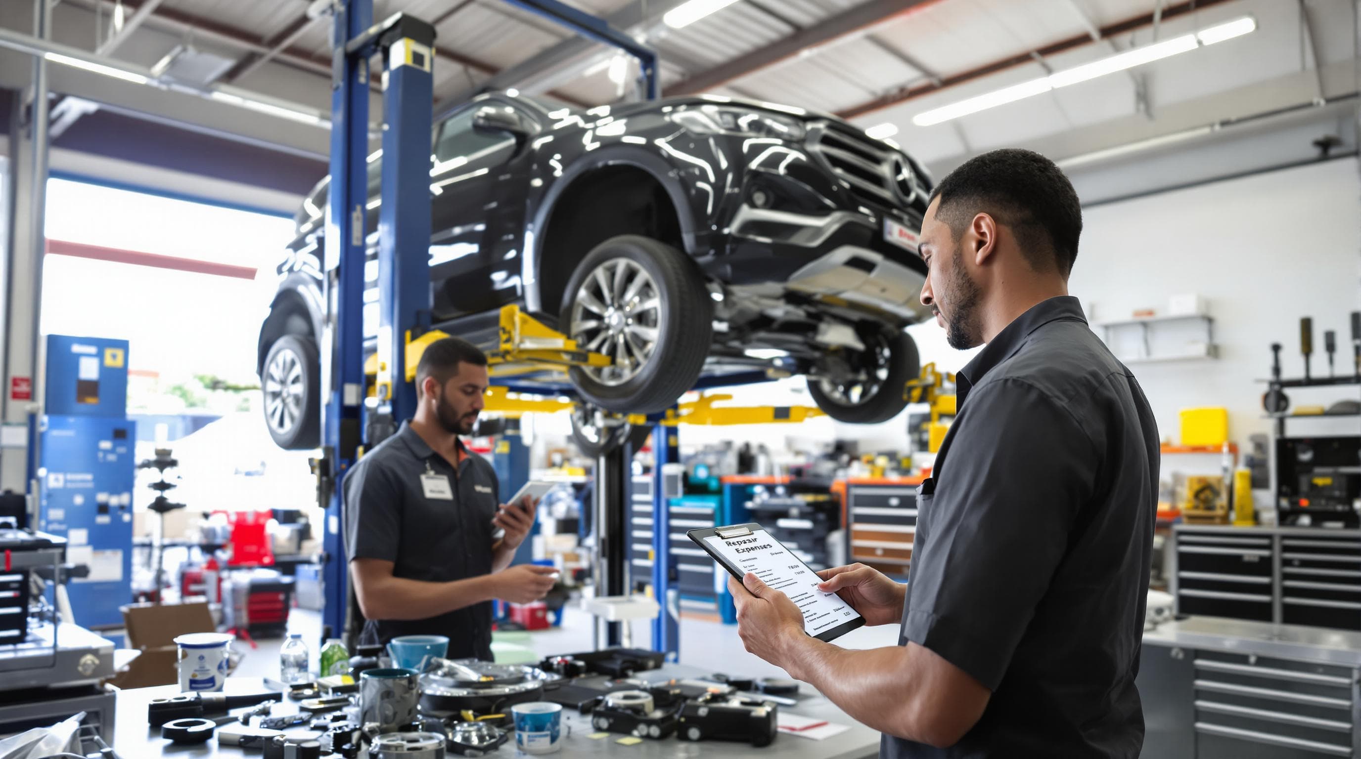 Mechanics working on modern car with expensive repair parts and 'Repair Expenses' clipboard