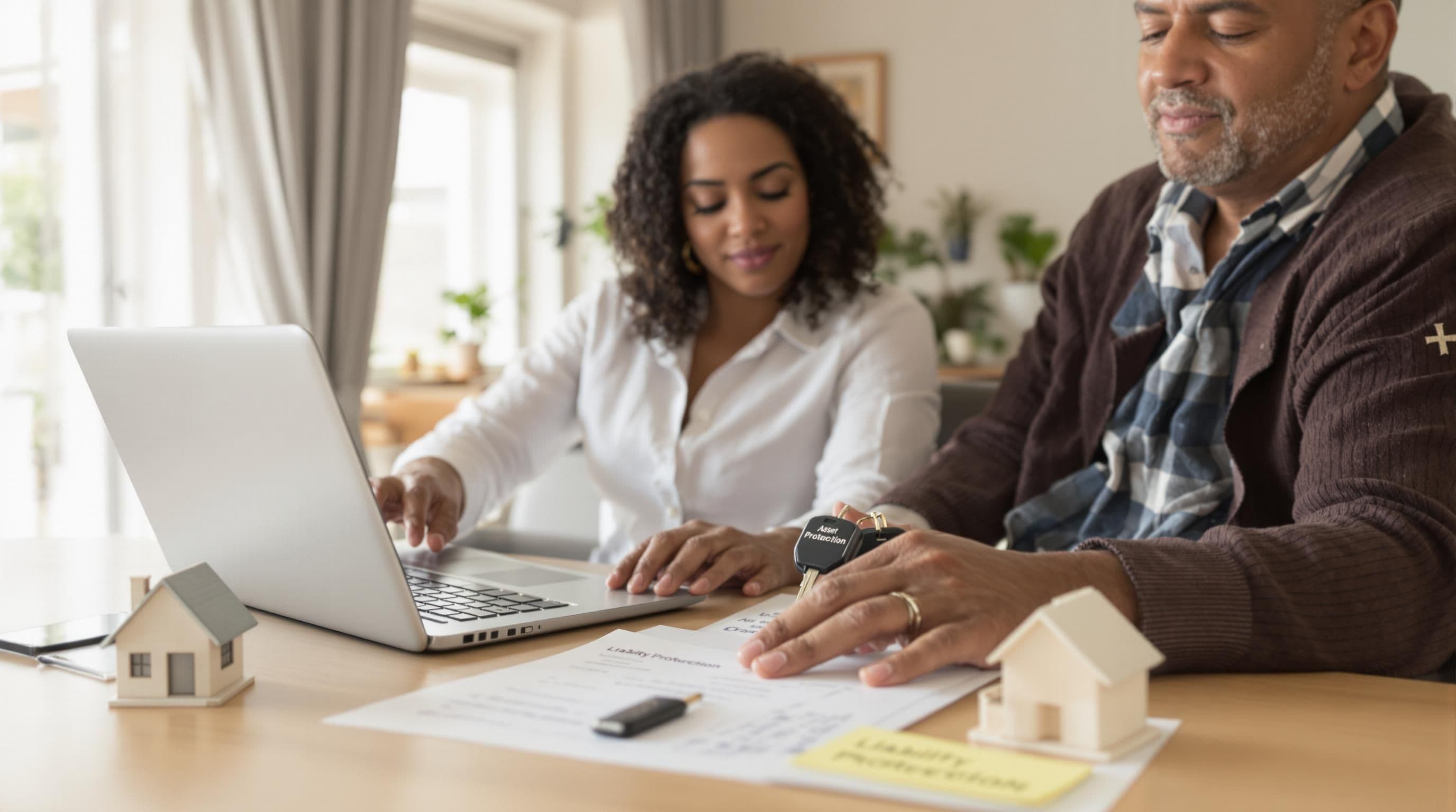 Homeowners reviewing insurance plans, 'Asset Protection' sticky note on laptop