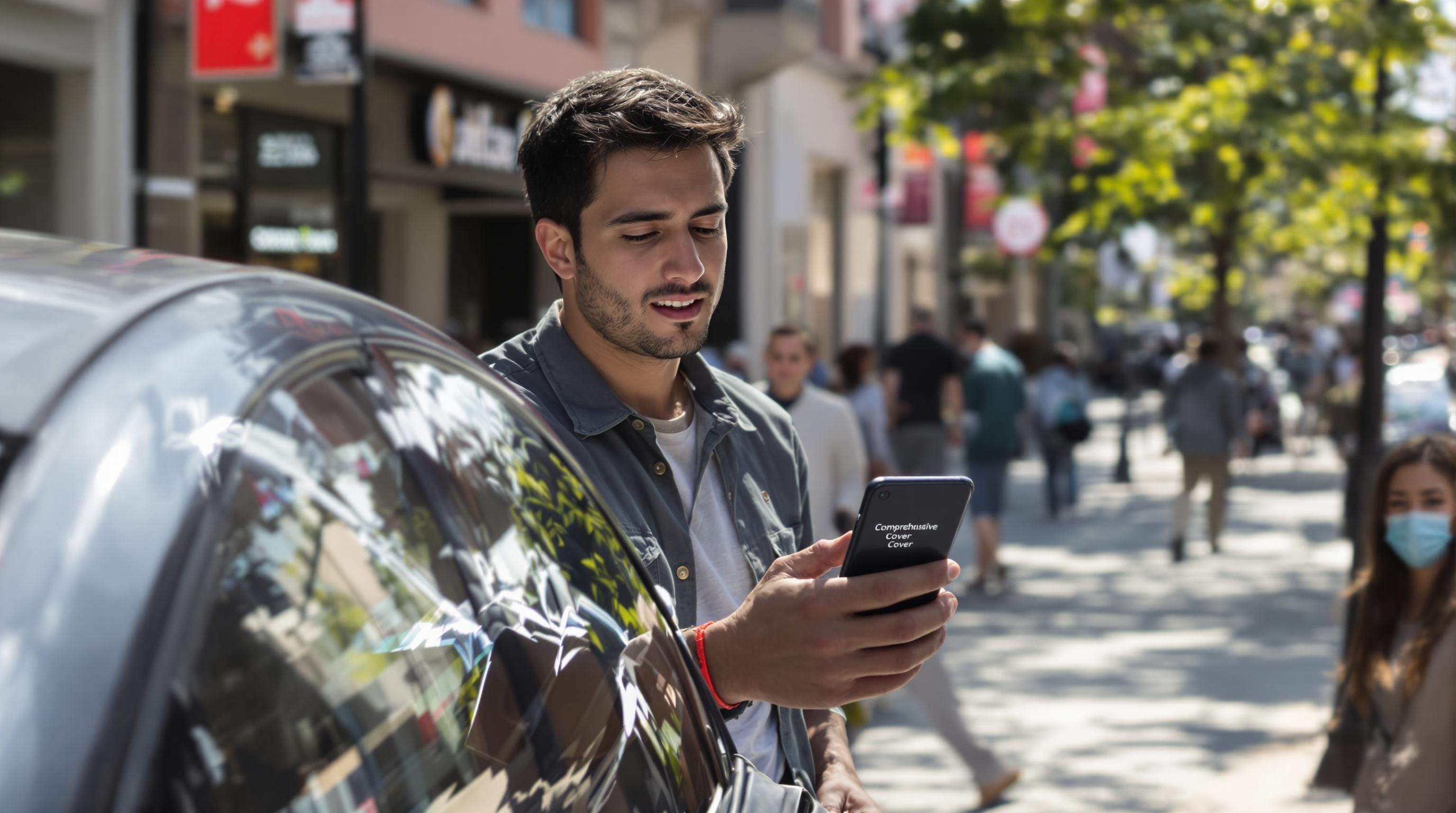 Young car owner checks scratch using insurance app showing comprehensive cover option
