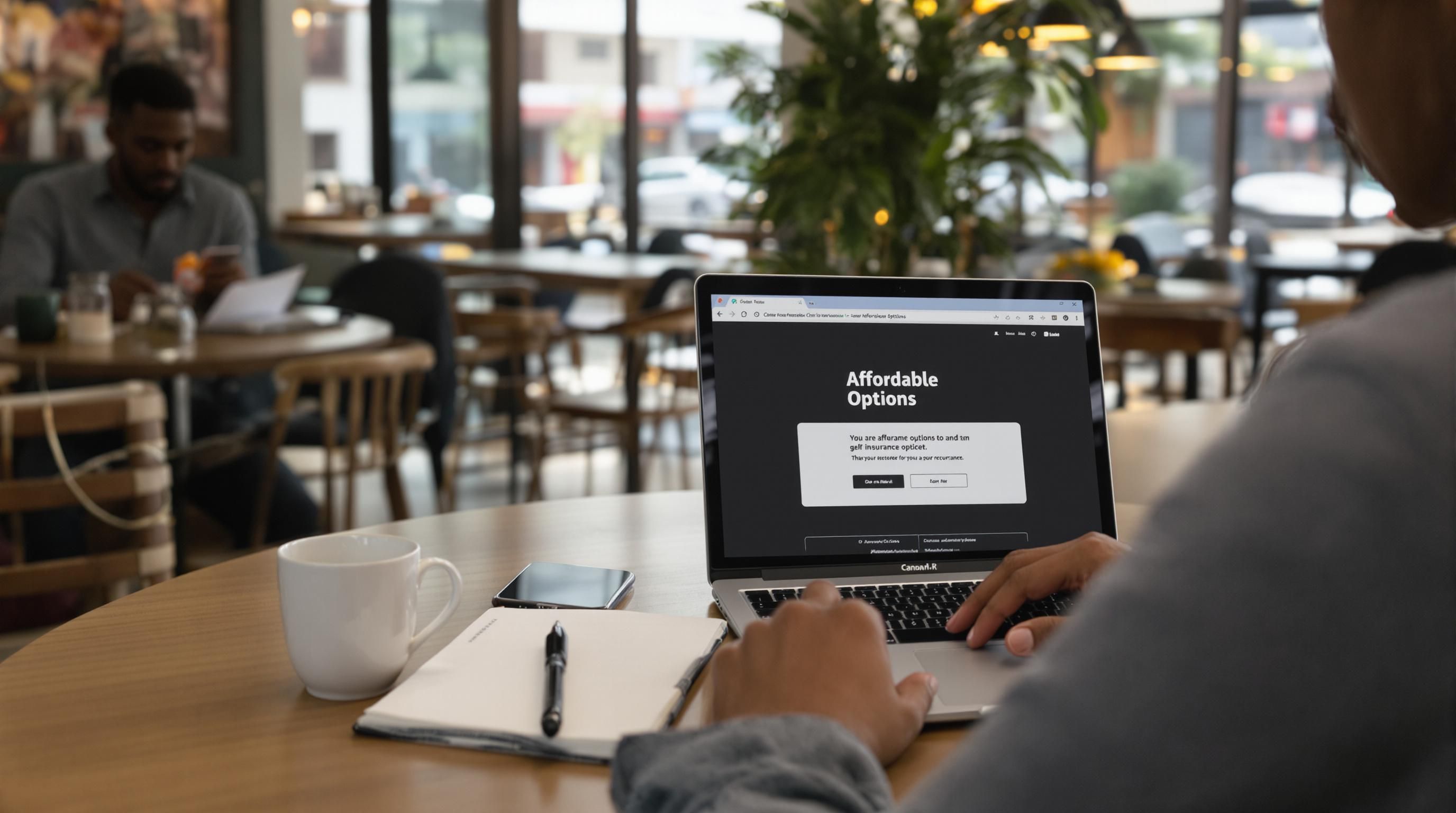 Woman in café comparing car insurance, 'Affordable Options' text on laptop screen.