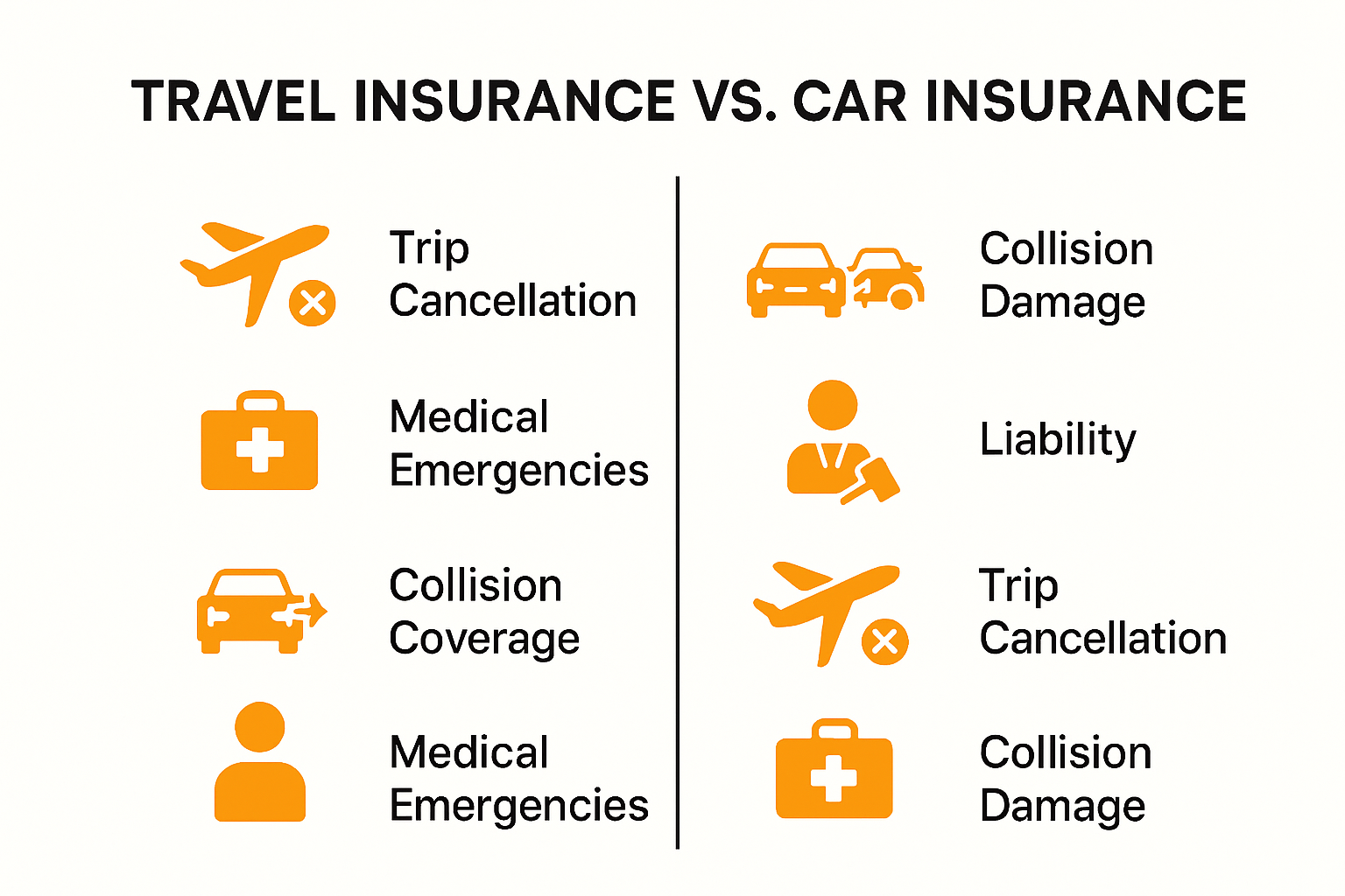 Comparison infographic of travel vs car insurance coverage categories