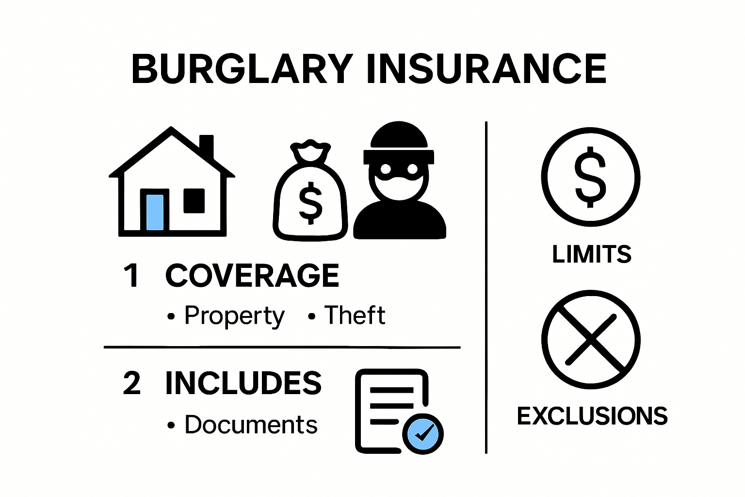 Infographic showing main elements of burglary insurance policy including inclusions, exclusions, and coverage limits
