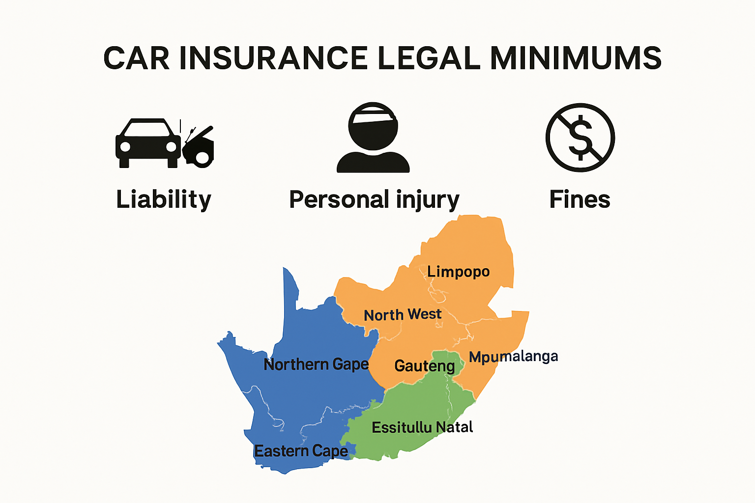 Infographic comparing regional car insurance minimums and penalties in South Africa