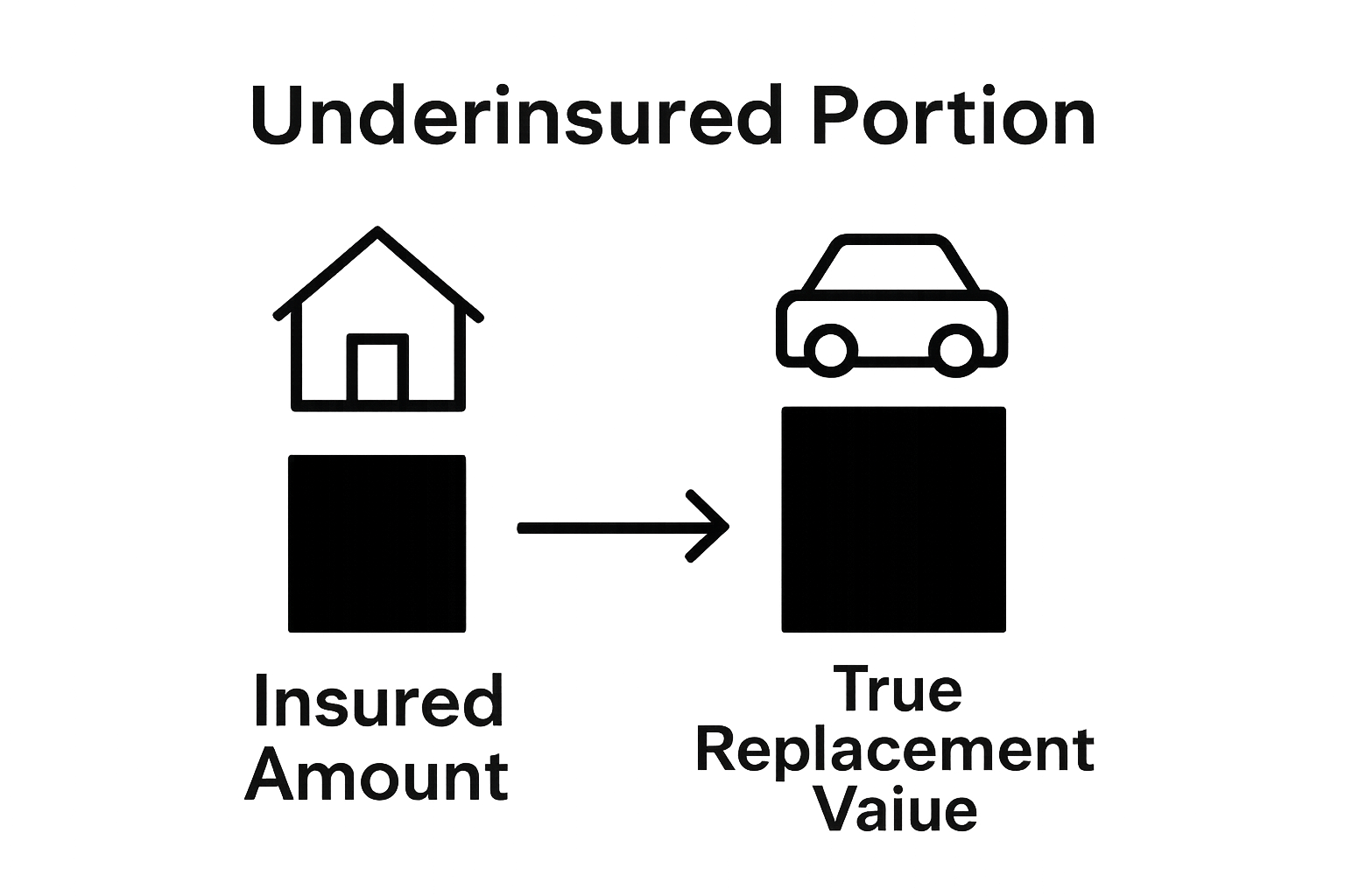 Insured vs. actual replacement value comparison with house and car icons
