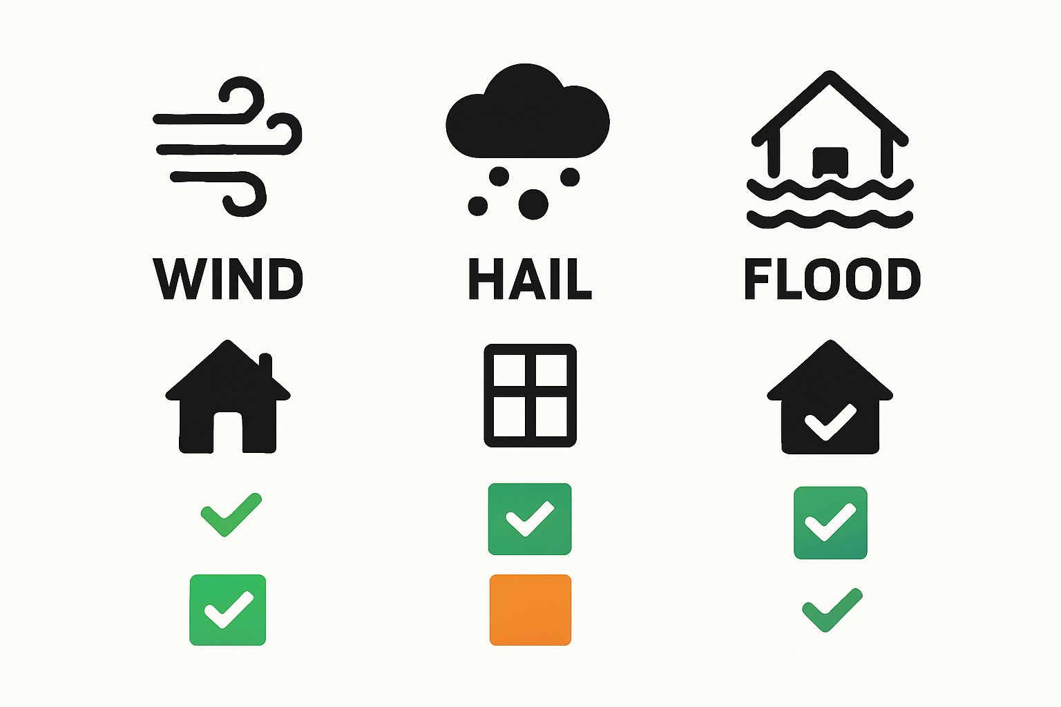 Infographic comparing storm damage types: wind, hail, flood
