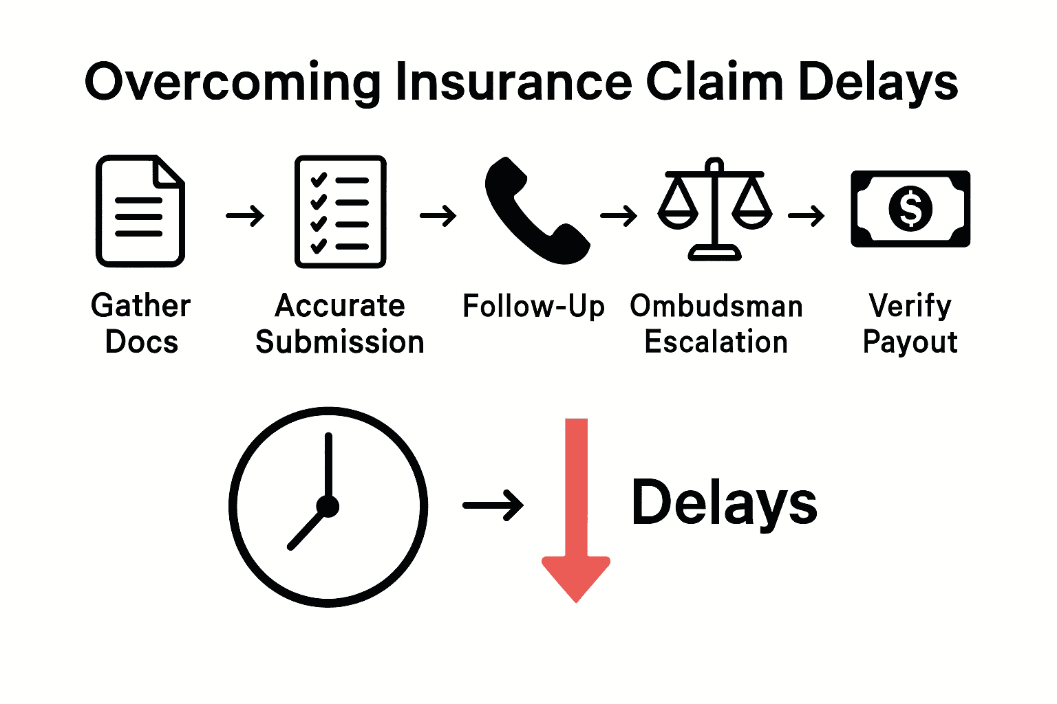 Infographic showing five insurance claim delay reduction steps with icons and arrows.