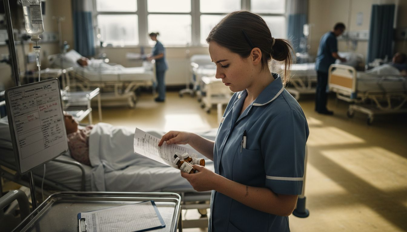 Nurse reviewing medication in hospital setting