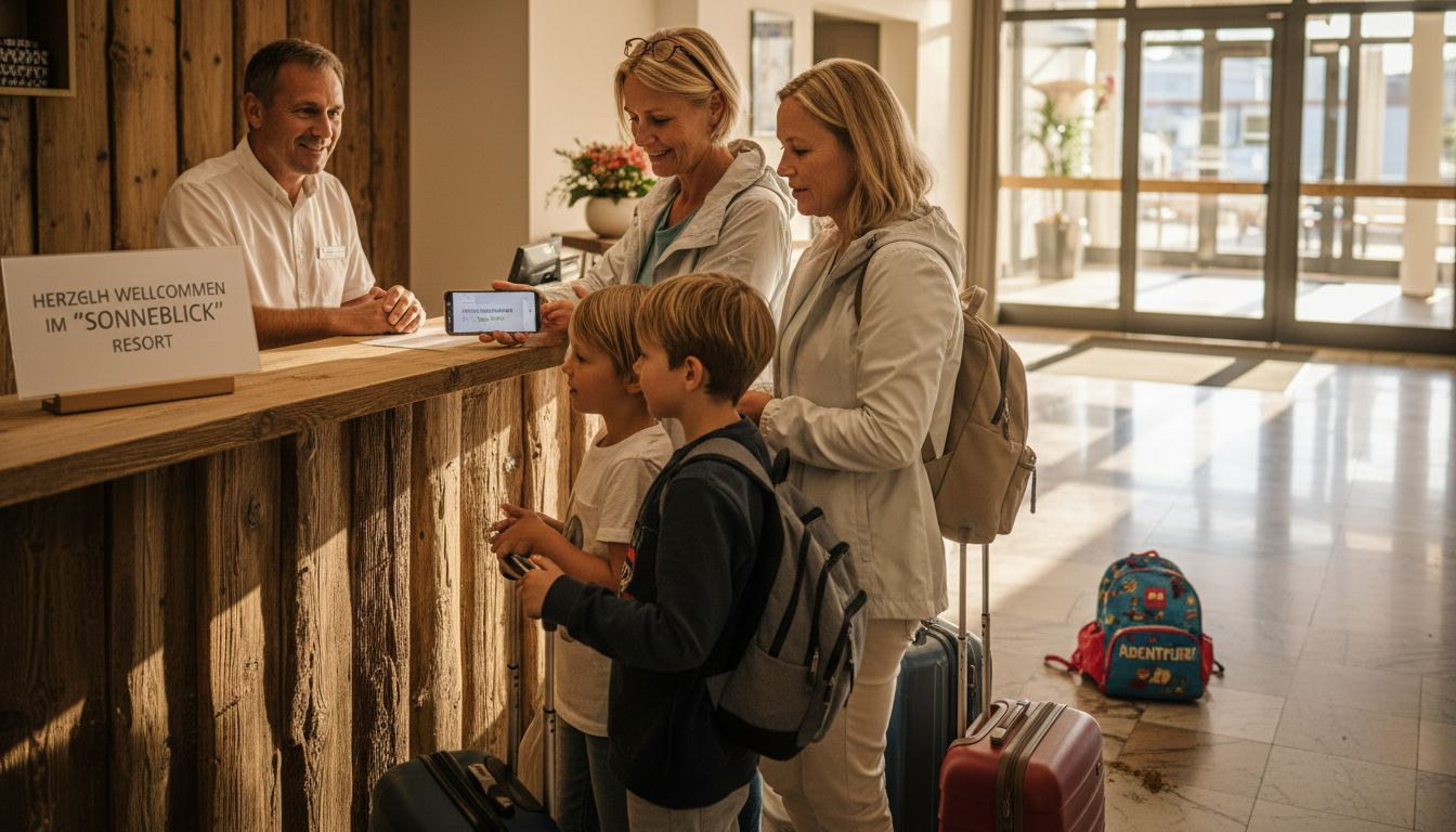 Eine Familie kommt im Hotel an und beginnt ihren Pauschalurlaub mit dem Check-in.