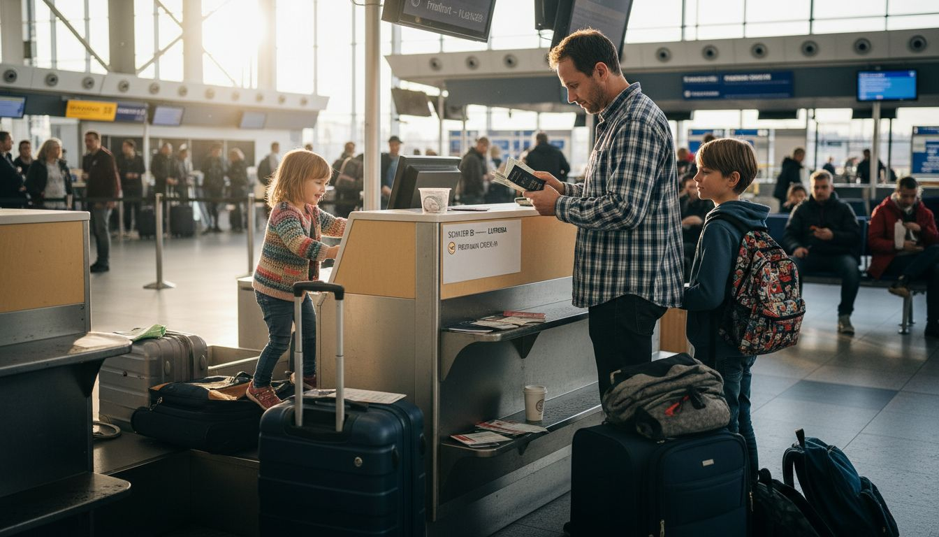 Eine Familie steht am Check-in-Schalter und bereitet sich auf ihren Abflug vor.