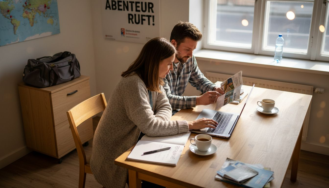 Ein Paar sitzt in der Reiseagentur und schmiedet gemeinsam Pl&auml;ne f&uuml;r den n&auml;chsten Urlaub.