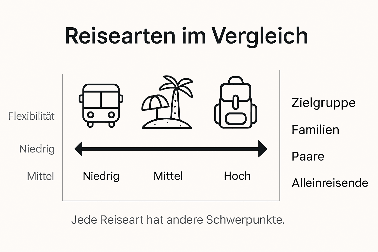 &Uuml;bersicht zu verschiedenen Reiseformen und deren Zielgruppen