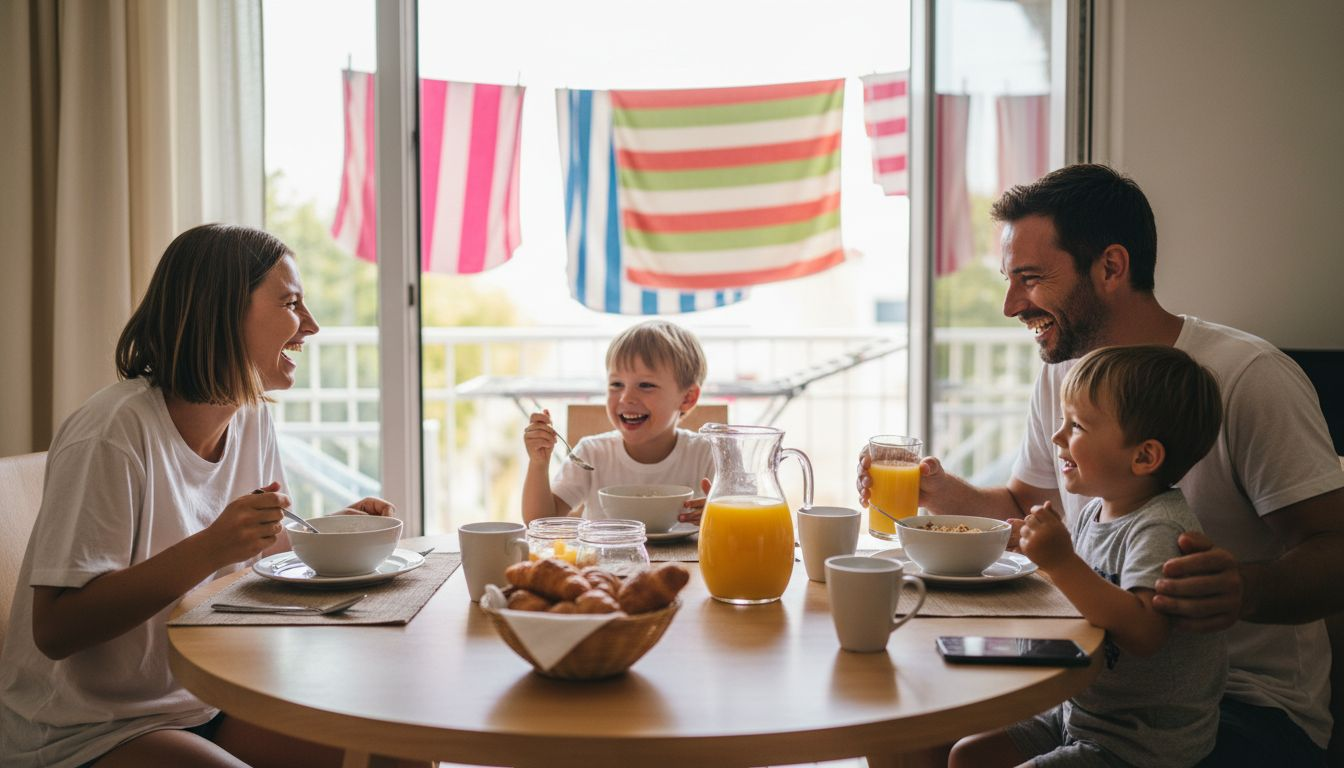 Im Urlaub genie&szlig;t die Familie ein gem&uuml;tliches Fr&uuml;hst&uuml;ck zusammen.