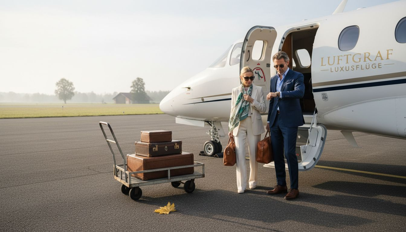 Ein Paar besteigt gemeinsam einen Privatjet auf dem Rollfeld.