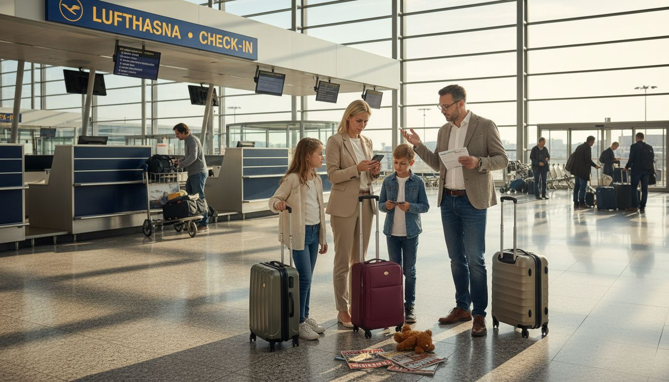 Eine Familie bereitet sich gemeinsam am Check-in-Schalter auf ihren bevorstehenden Urlaub vor.