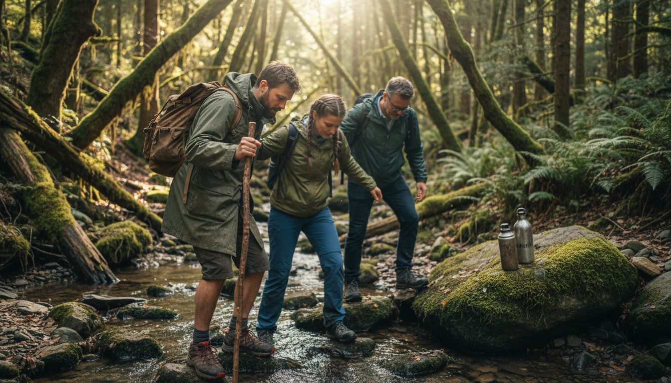 Wanderer &uuml;berqueren auf ihrer Tour einen pl&auml;tschernden Bach im Wald und erleben dabei ein kleines Abenteuer.