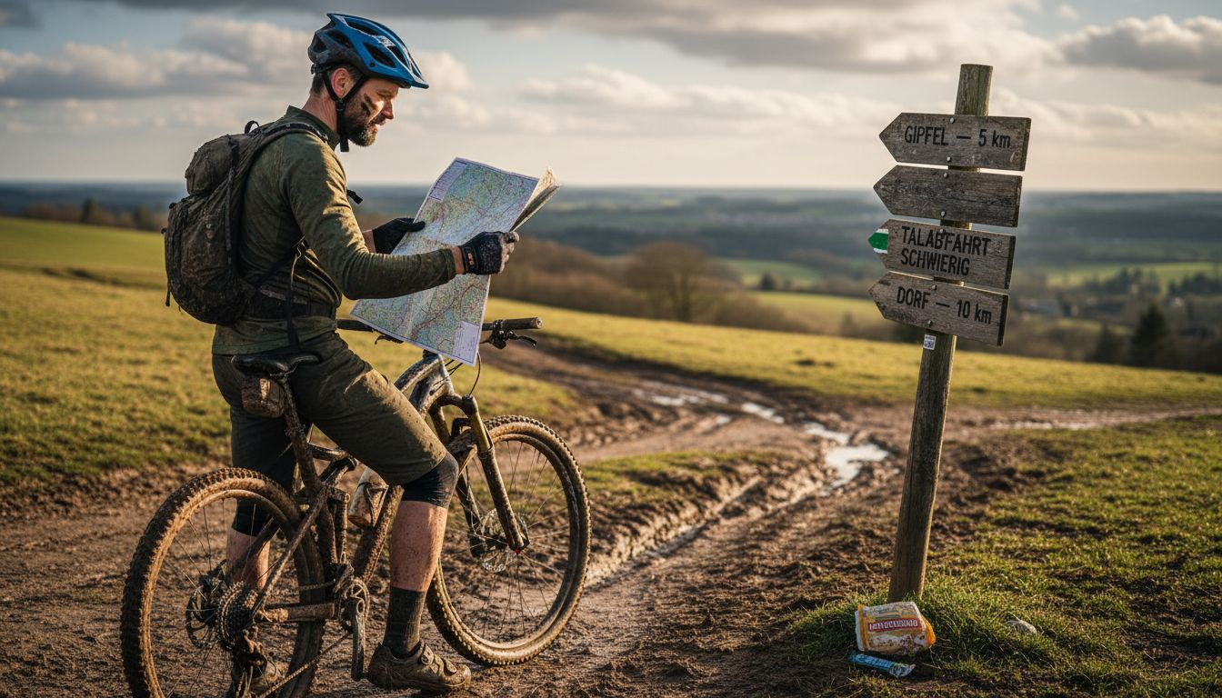 Ein Mountainbiker h&auml;lt an einer schlammigen Weggabelung kurz inne.