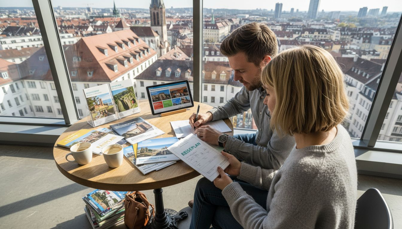 Ein Paar informiert sich gemeinsam im Reiseb&uuml;ro &uuml;ber verschiedene Urlaubsangebote und vergleicht die M&ouml;glichkeiten.