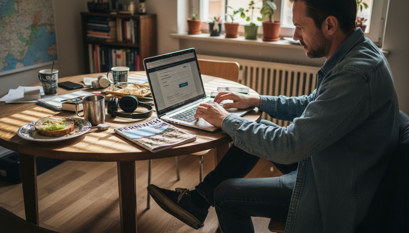 Ein Mann sitzt gem&uuml;tlich zu Hause am Laptop und plant seine n&auml;chste Reise online.