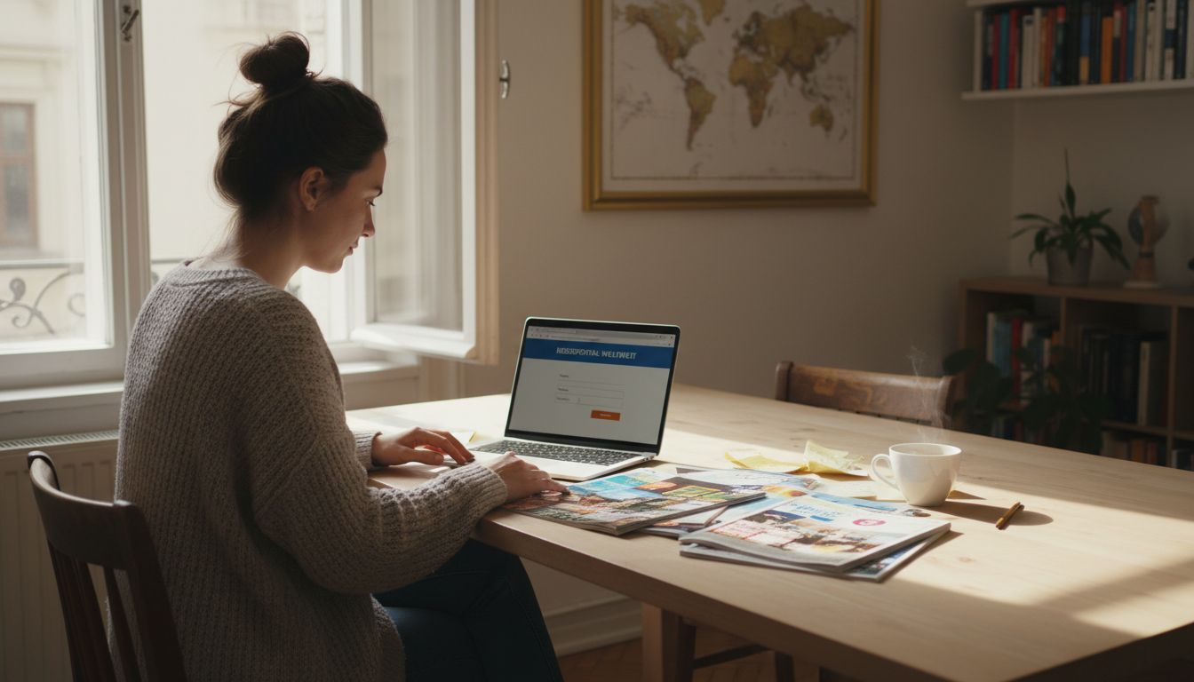 Eine Frau plant ihren n&auml;chsten Urlaub und greift dabei zu Laptop und Zeitschriften, um sich inspirieren zu lassen.