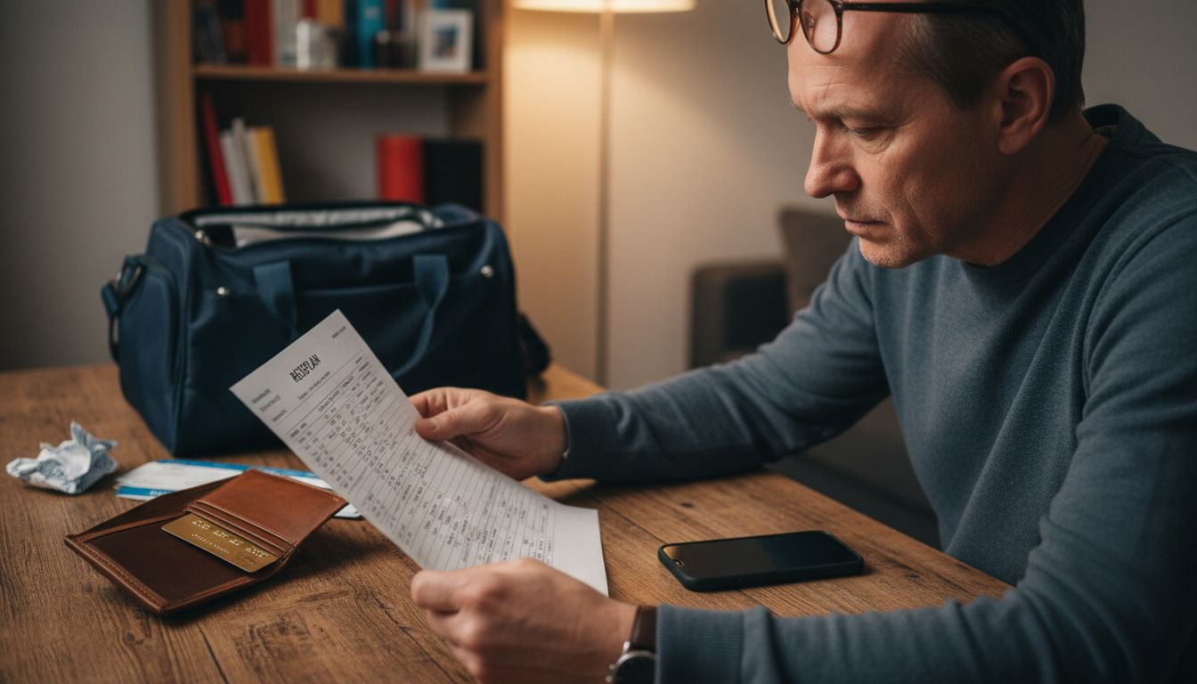Ein Mann &uuml;berpr&uuml;ft seine Reiseunterlagen und kontrolliert die Abflugzeiten.