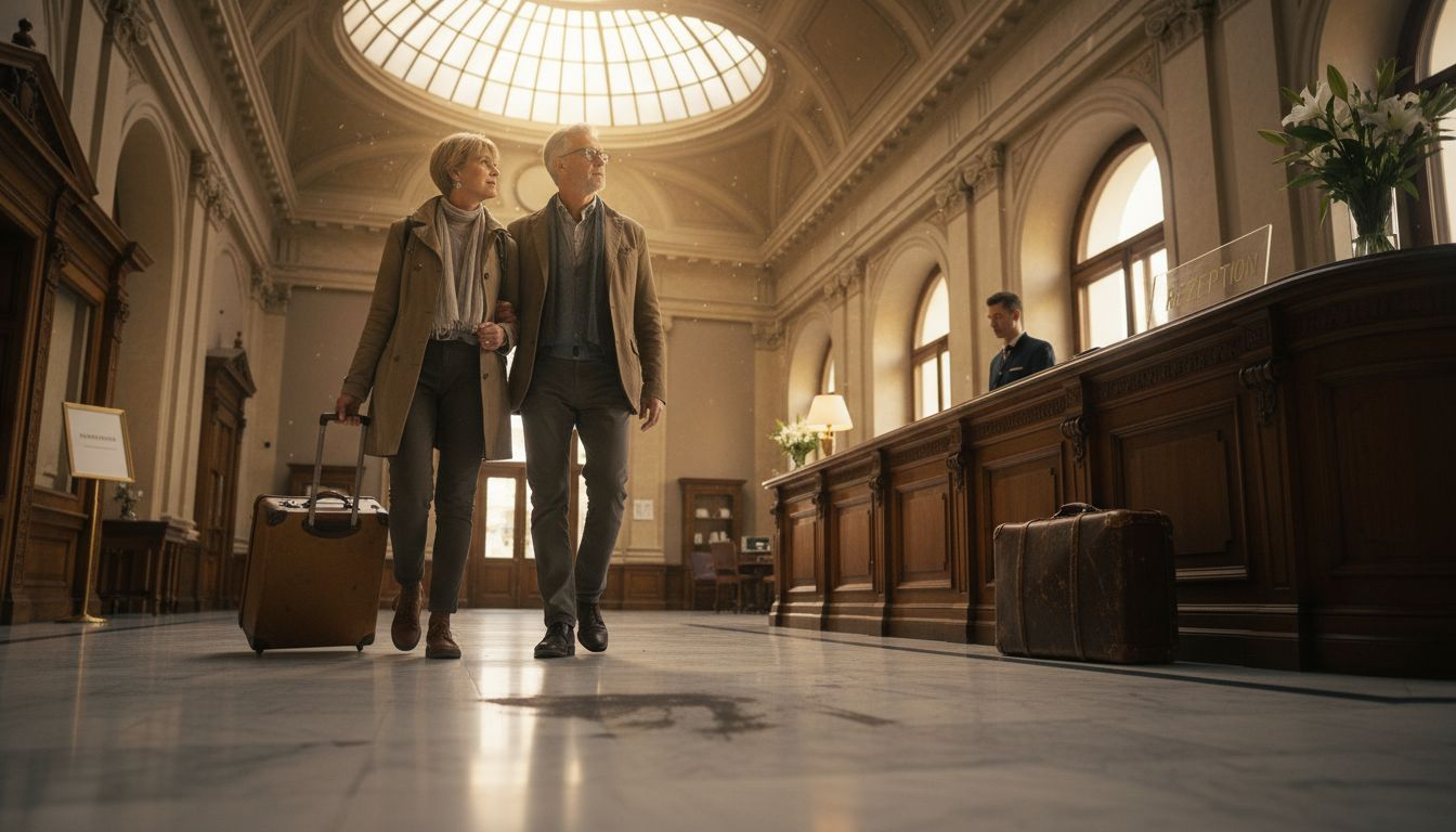 Ein Paar betritt mit Koffern die elegant gestaltete Lobby eines Hotels.