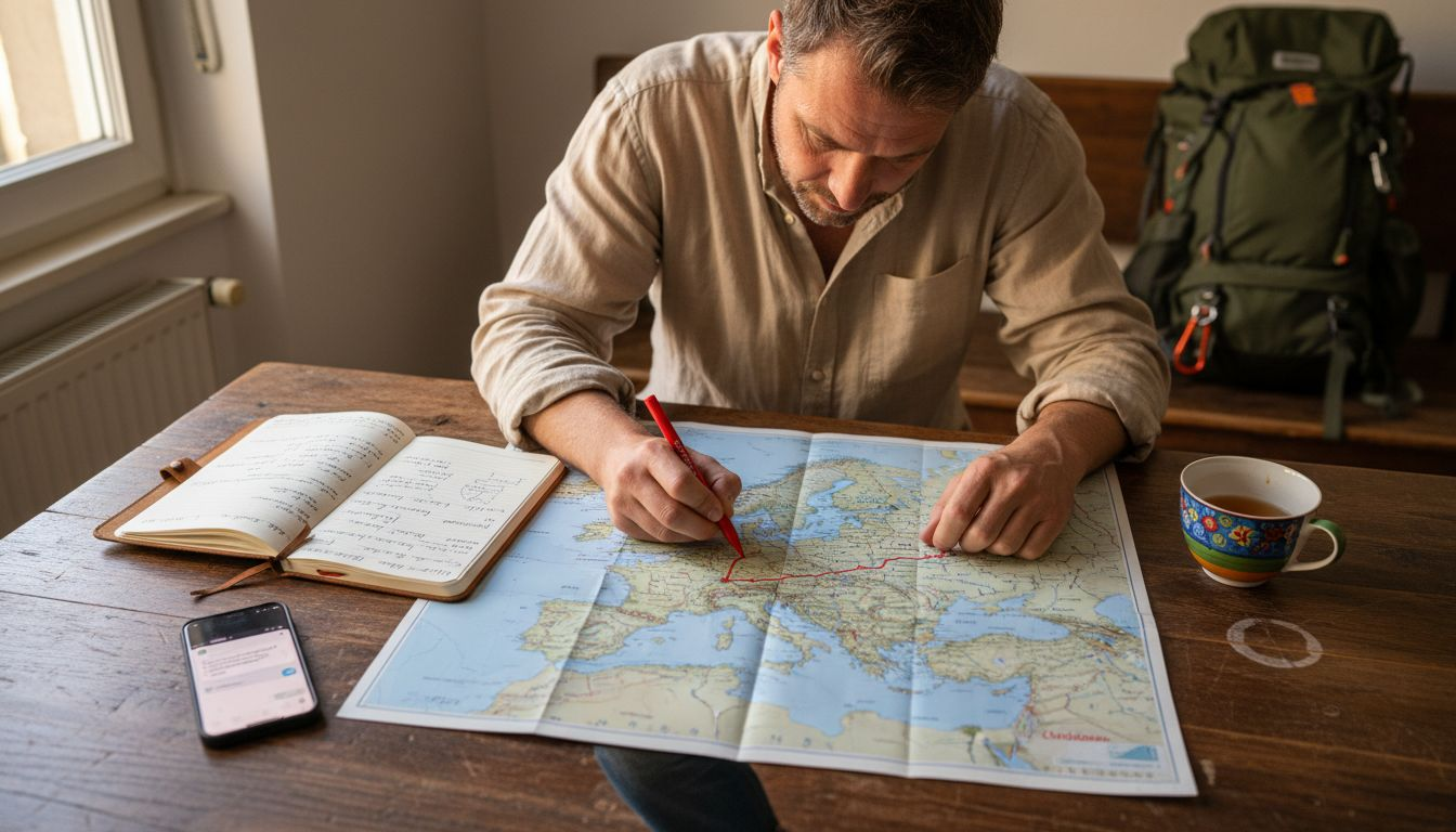 Ein Mann stellt mit einer Landkarte seine pers&ouml;nliche Reiseroute zusammen.
