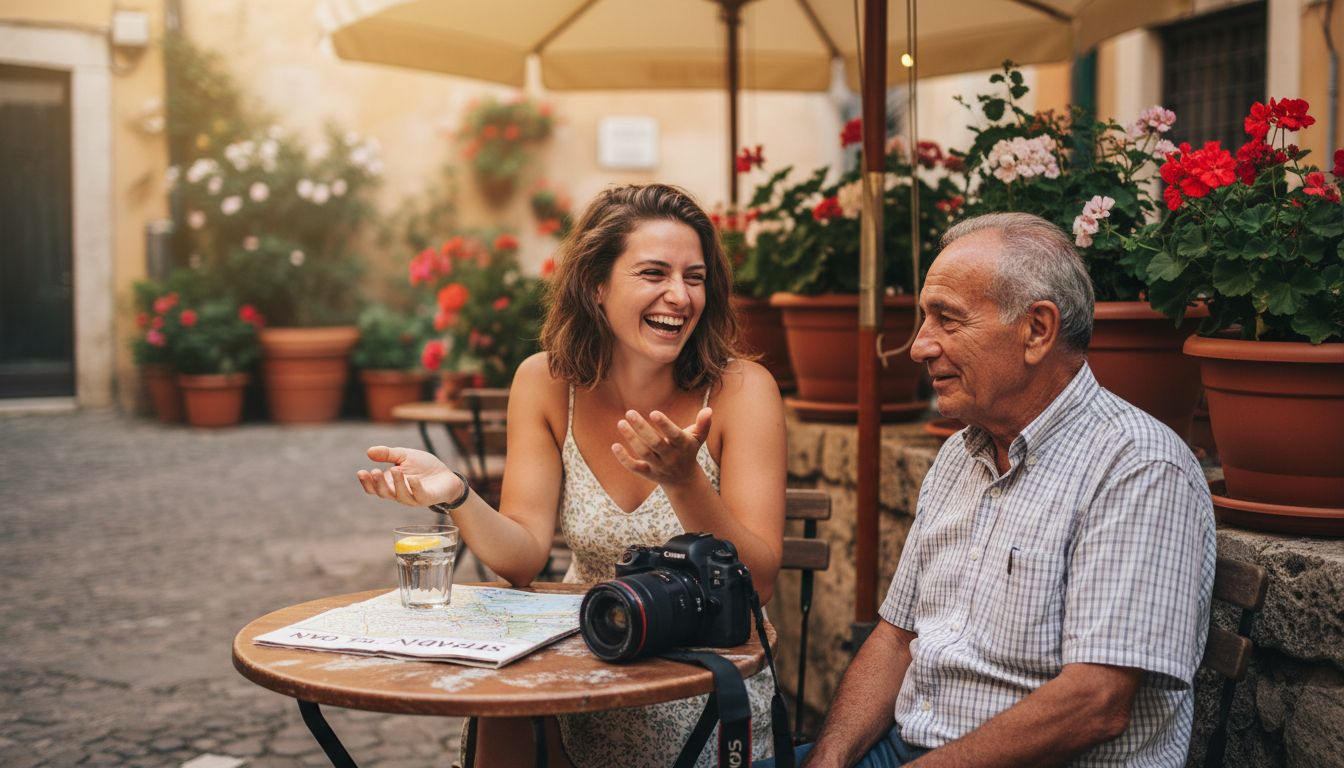 Ein Reisender kommt mit Einheimischen bei einem authentischen Erlebnis ins Gespr&auml;ch.
