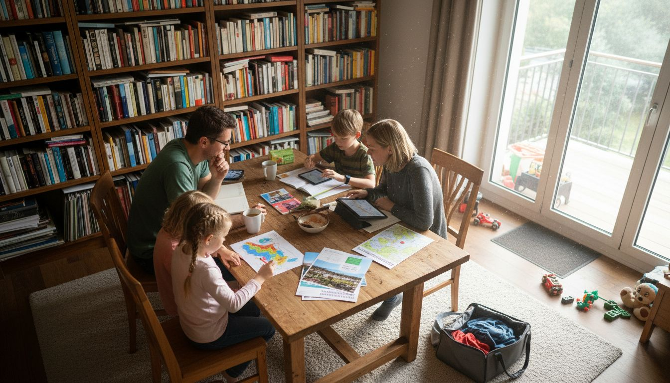 Am Wohnzimmertisch schmiedet die Familie gemeinsam Urlaubspl&auml;ne.