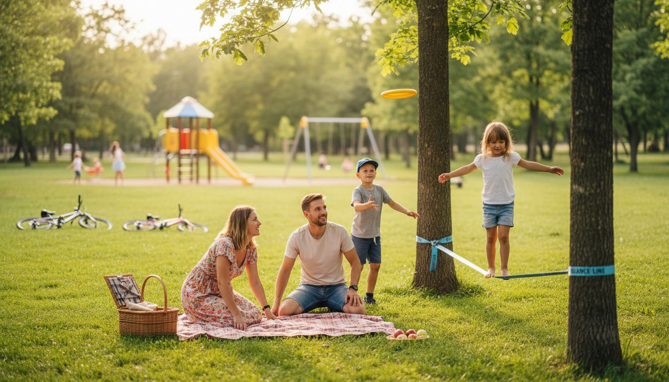Eine Familie verbringt gemeinsam einen entspannten Tag im Park und genie&szlig;t verschiedene Freizeitaktivit&auml;ten.