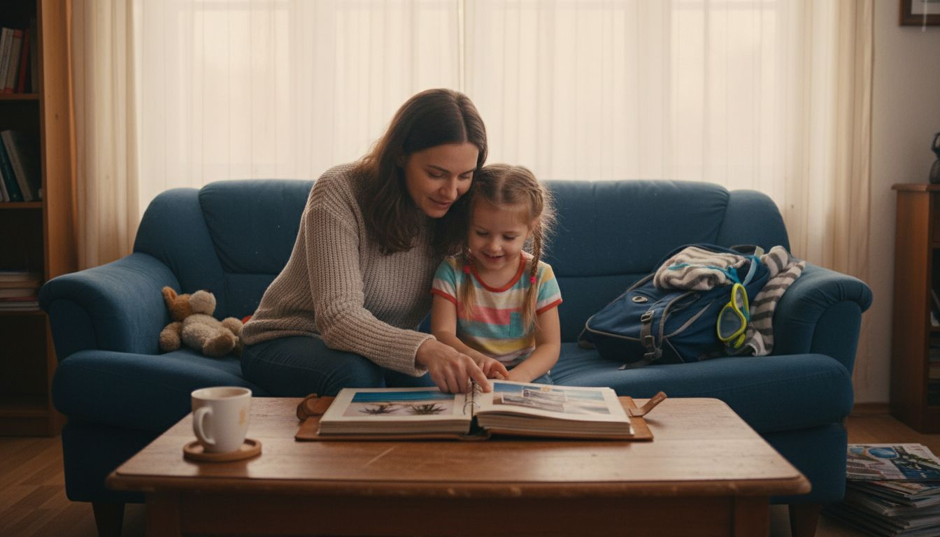 Mutter und Tochter schauen sich gemeinsam Urlaubsfotos an und unterhalten sich dar&uuml;ber.