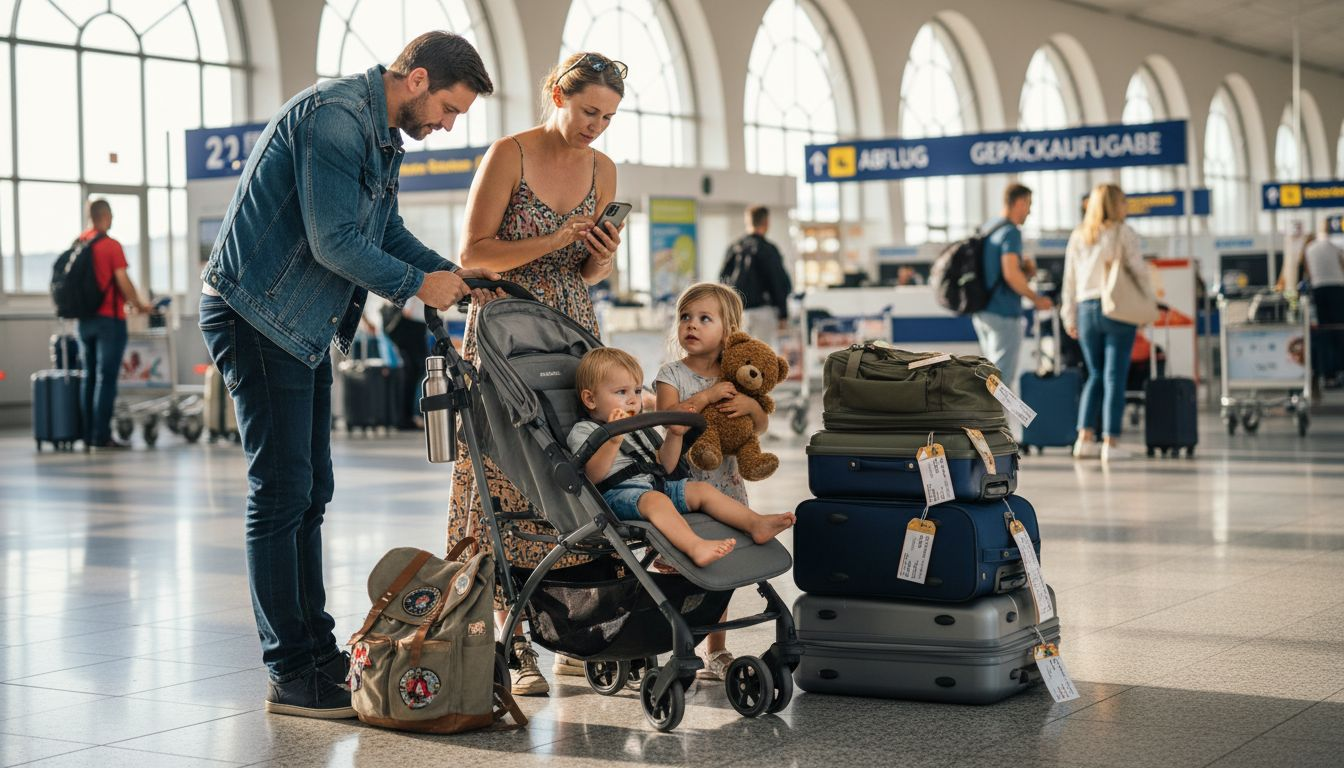Eine Familie packt am Flughafen gemeinsam ihre Koffer f&uuml;r den bevorstehenden Urlaub.