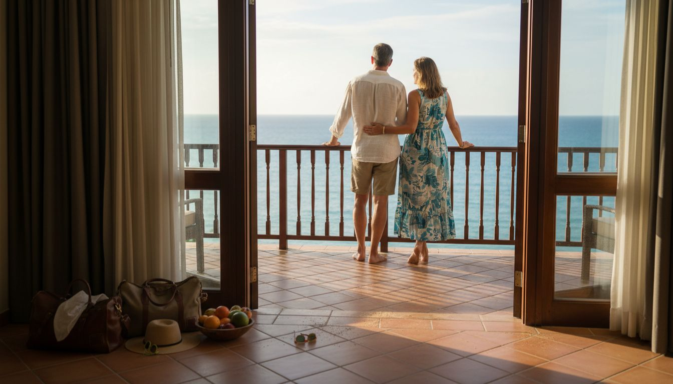 Ein Paar l&auml;sst sich bei einem luxuri&ouml;sen Urlaub mit traumhaftem Blick aufs Meer verw&ouml;hnen.