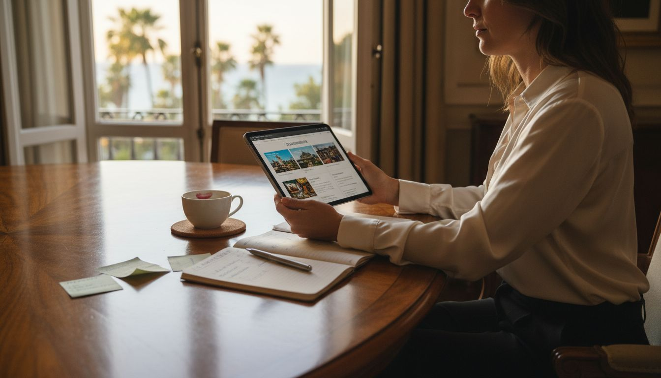 Eine Frau st&ouml;bert auf ihrem Tablet nach besonderen Reisezielen.