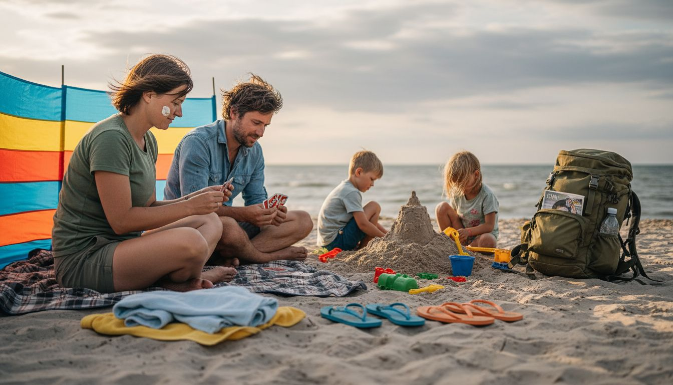 Eine Familie genie&szlig;t gemeinsam ihren Urlaub am Meer und verbringt entspannte Tage am Strand.