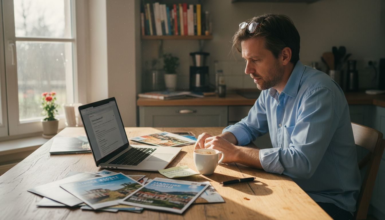 Am K&uuml;chentisch st&ouml;bert ein Mann durch verschiedene Urlaubsangebote und vergleicht die besten Optionen f&uuml;r seine n&auml;chste Reise.