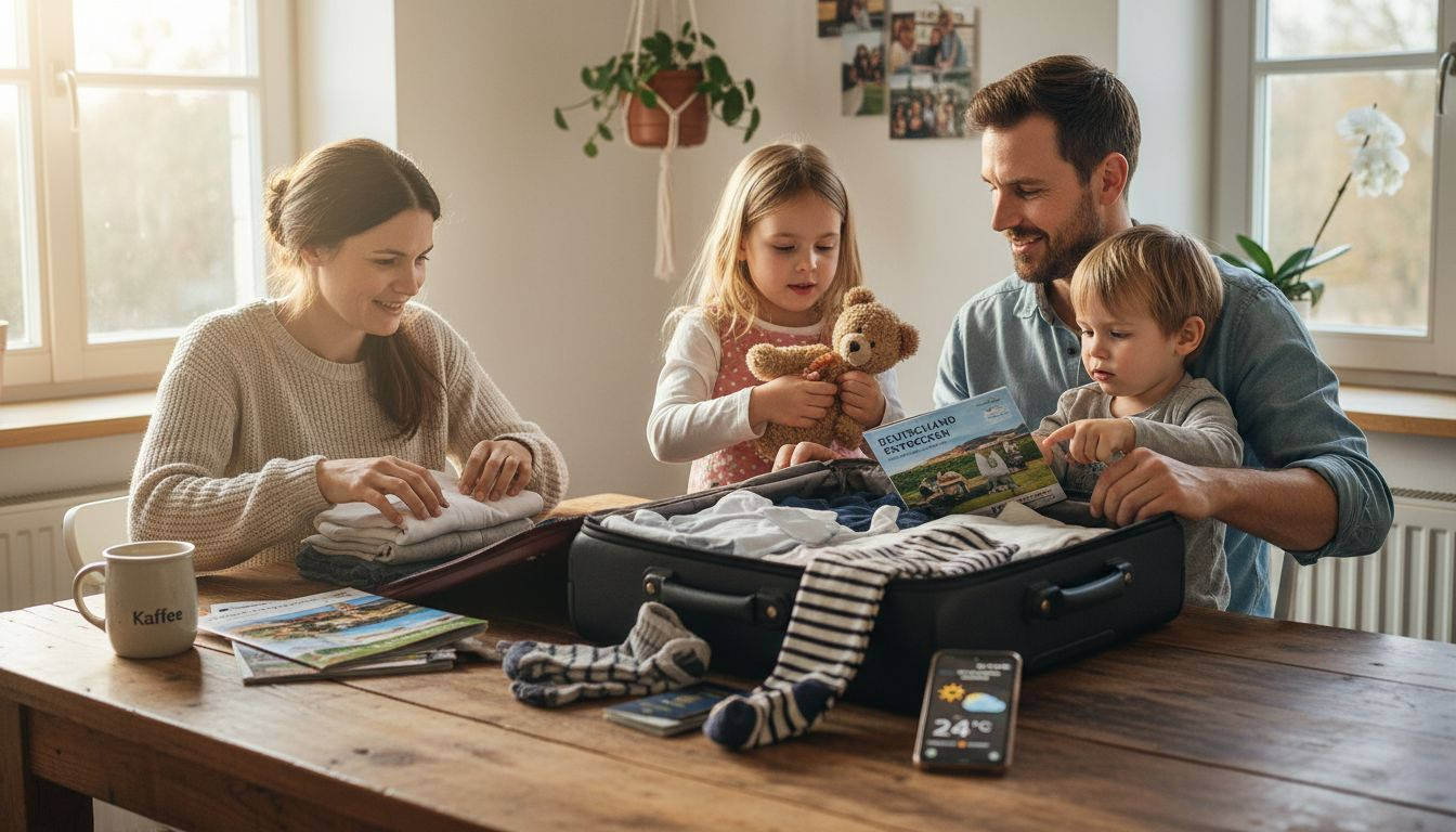 Gemeinsam packt die Familie in der heimischen K&uuml;che die Koffer f&uuml;r die bevorstehende Reise.