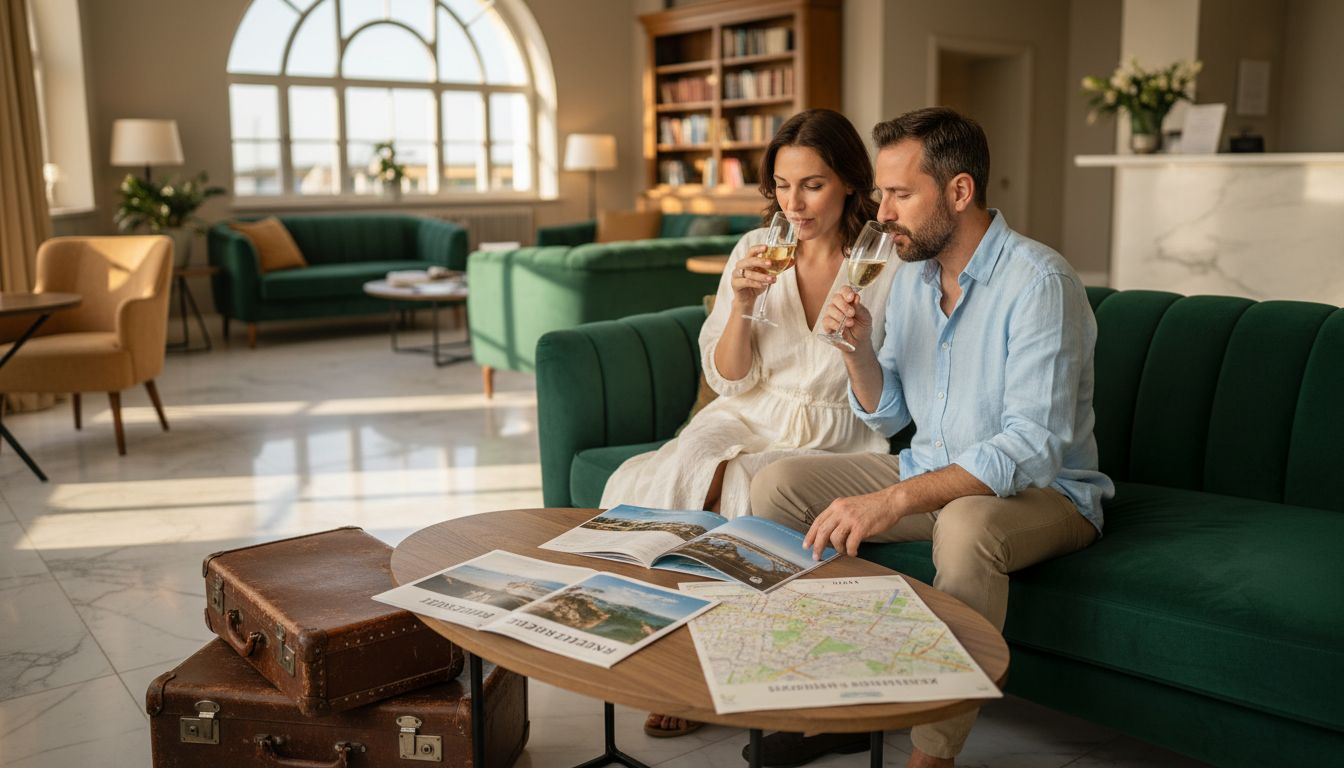 Ein Paar genie&szlig;t entspannte Stunden in der stilvollen Lounge eines Boutique-Hotels.