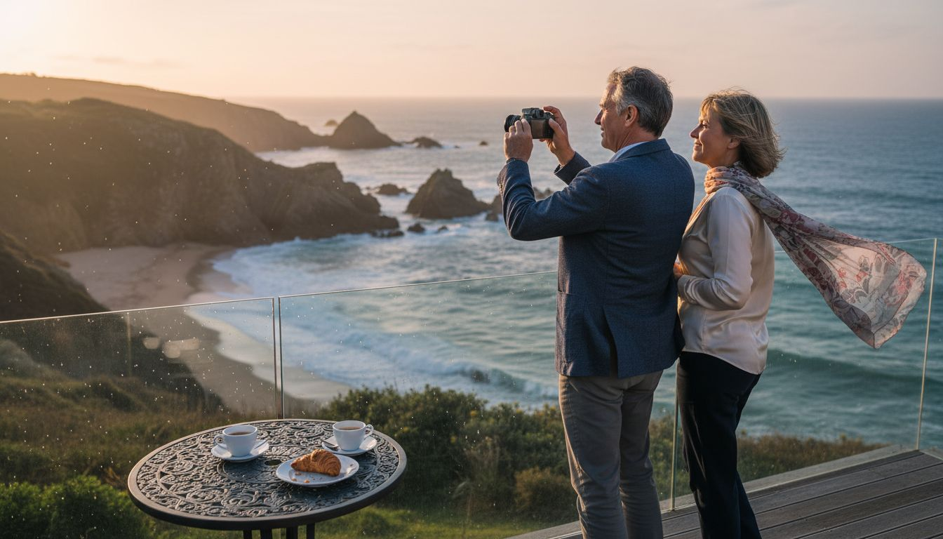 Ein Paar h&auml;lt die traumhafte Kulisse einer luxuri&ouml;sen K&uuml;stenlandschaft fotografisch fest.