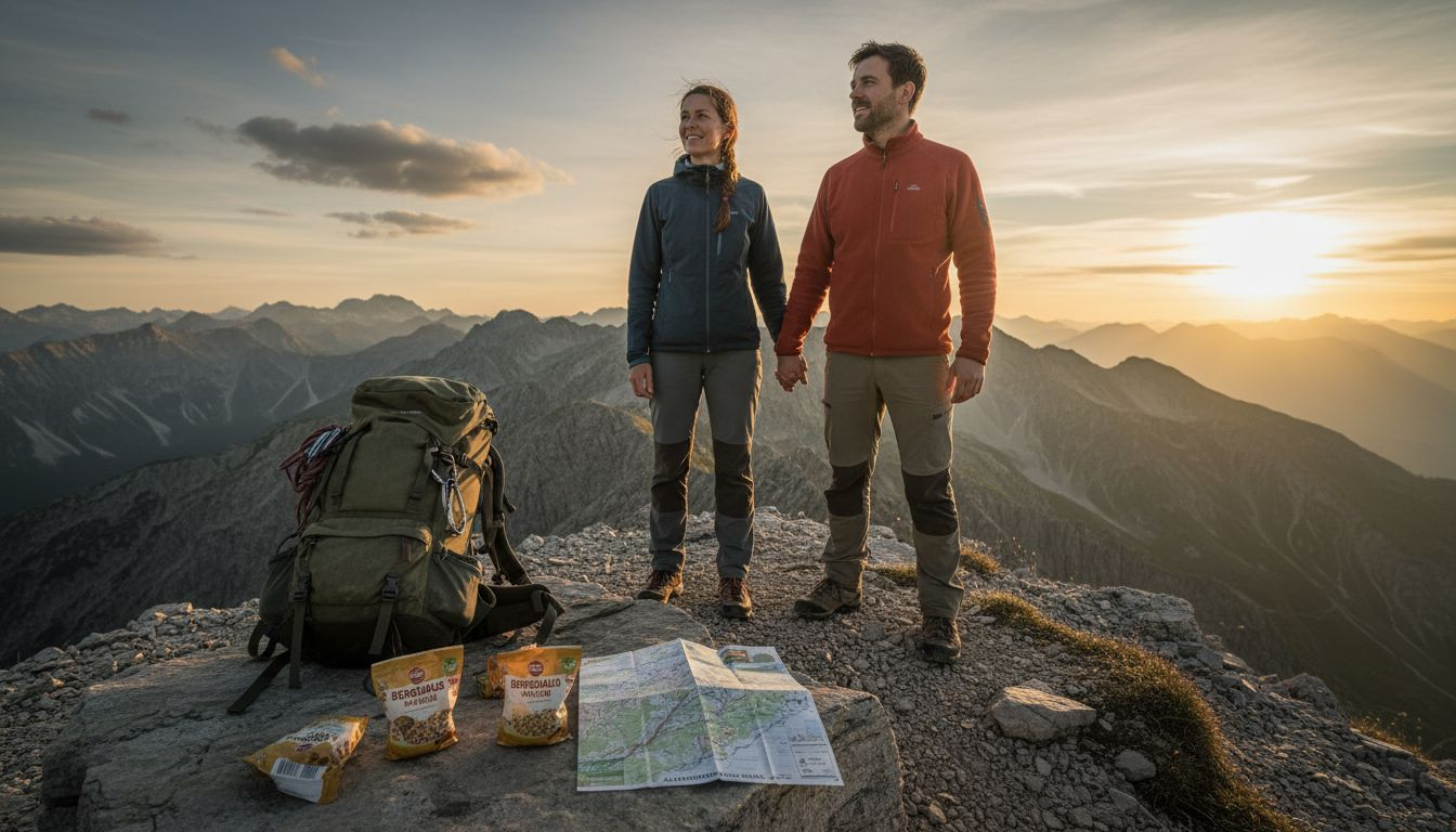 Ein Paar erlebt gemeinsam einen stimmungsvollen Sonnenuntergang in den Bergen.