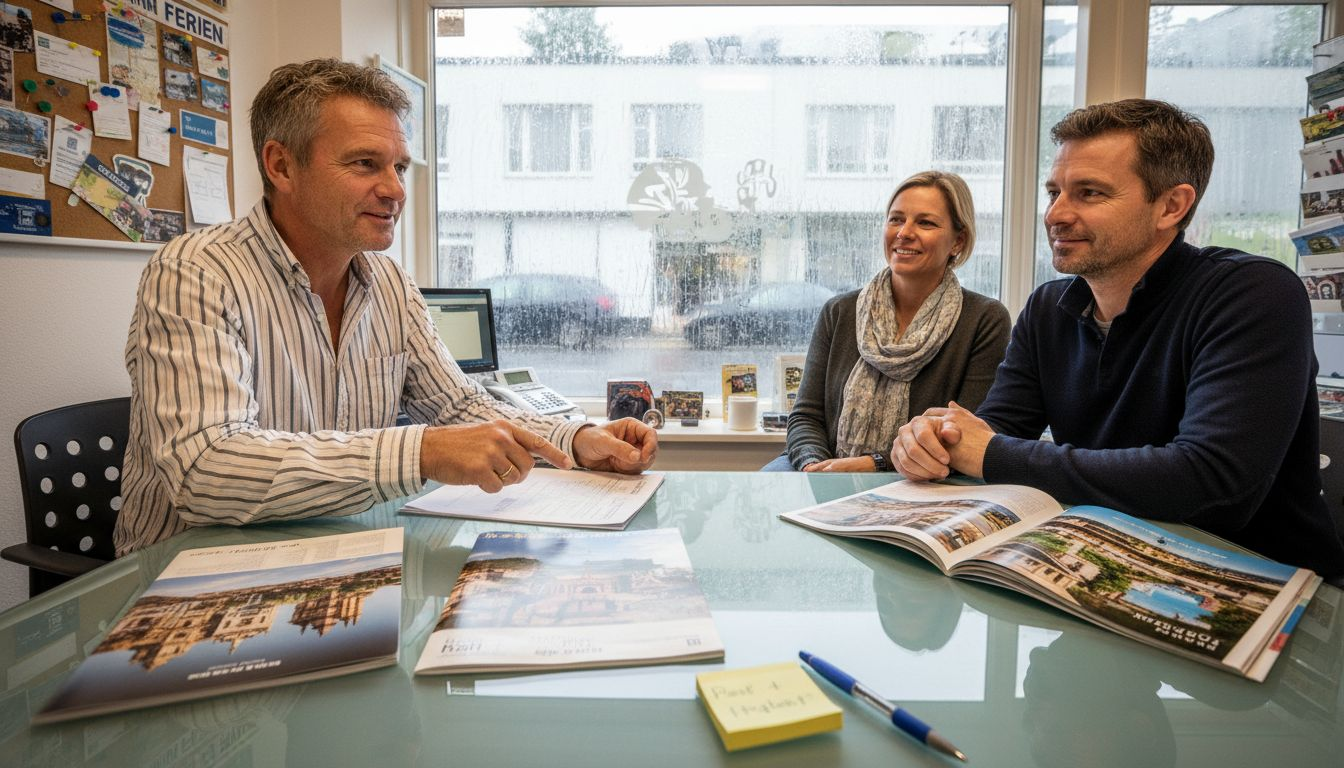 Ein Reiseberater f&uuml;hrt ein pers&ouml;nliches Beratungsgespr&auml;ch mit Kunden am Schreibtisch.