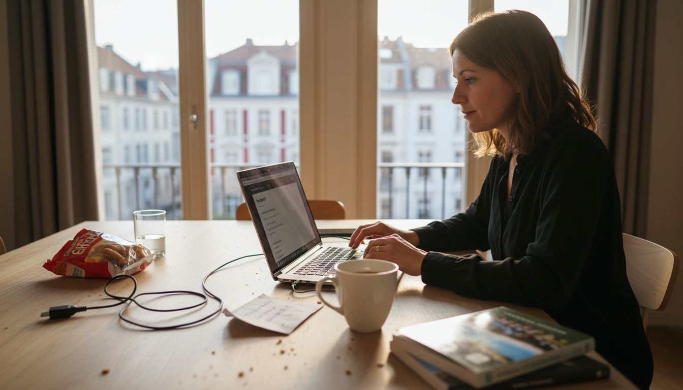 Eine Frau sitzt entspannt zu Hause und bucht ihren Flug am Laptop.