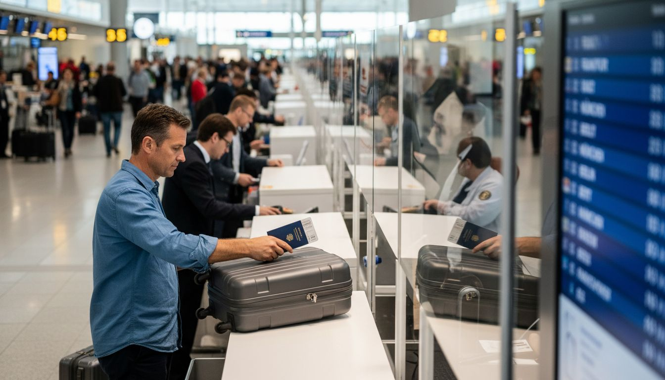 Ein Mann gibt am Flughafen sein Gep&auml;ck am Check-in-Schalter ab.