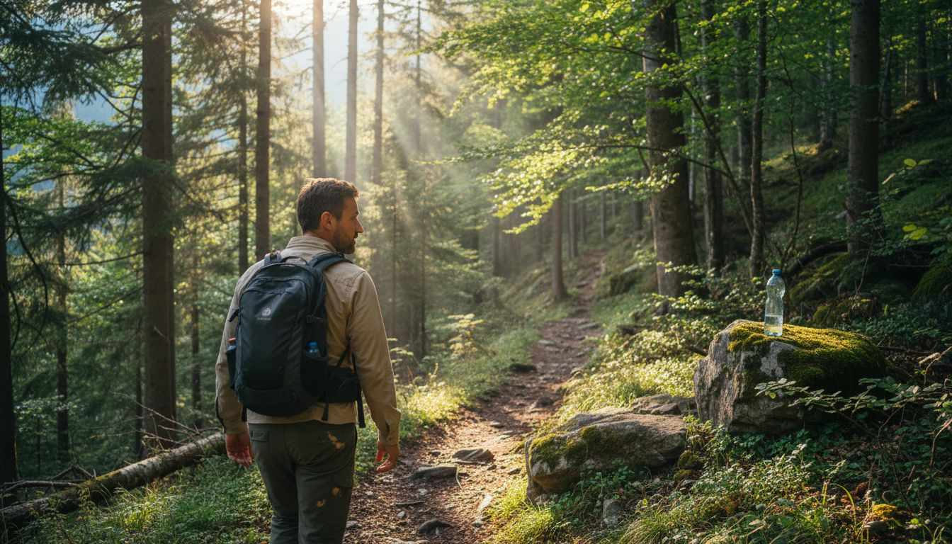 Ein Wanderer spaziert am fr&uuml;hen Morgen durch einen sonnenbeschienenen Waldweg.